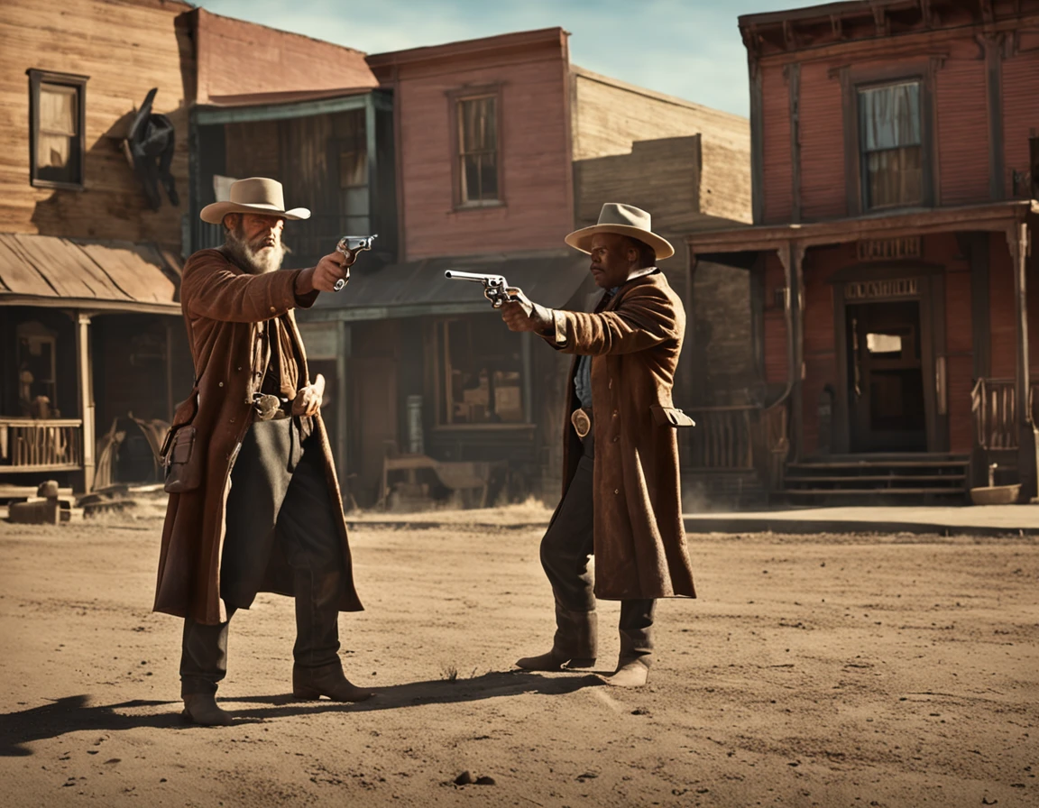 Old West American - Drawing - Two gunmen dueling in the street - realistic - Cinematic - Colorized -- ar 16:9