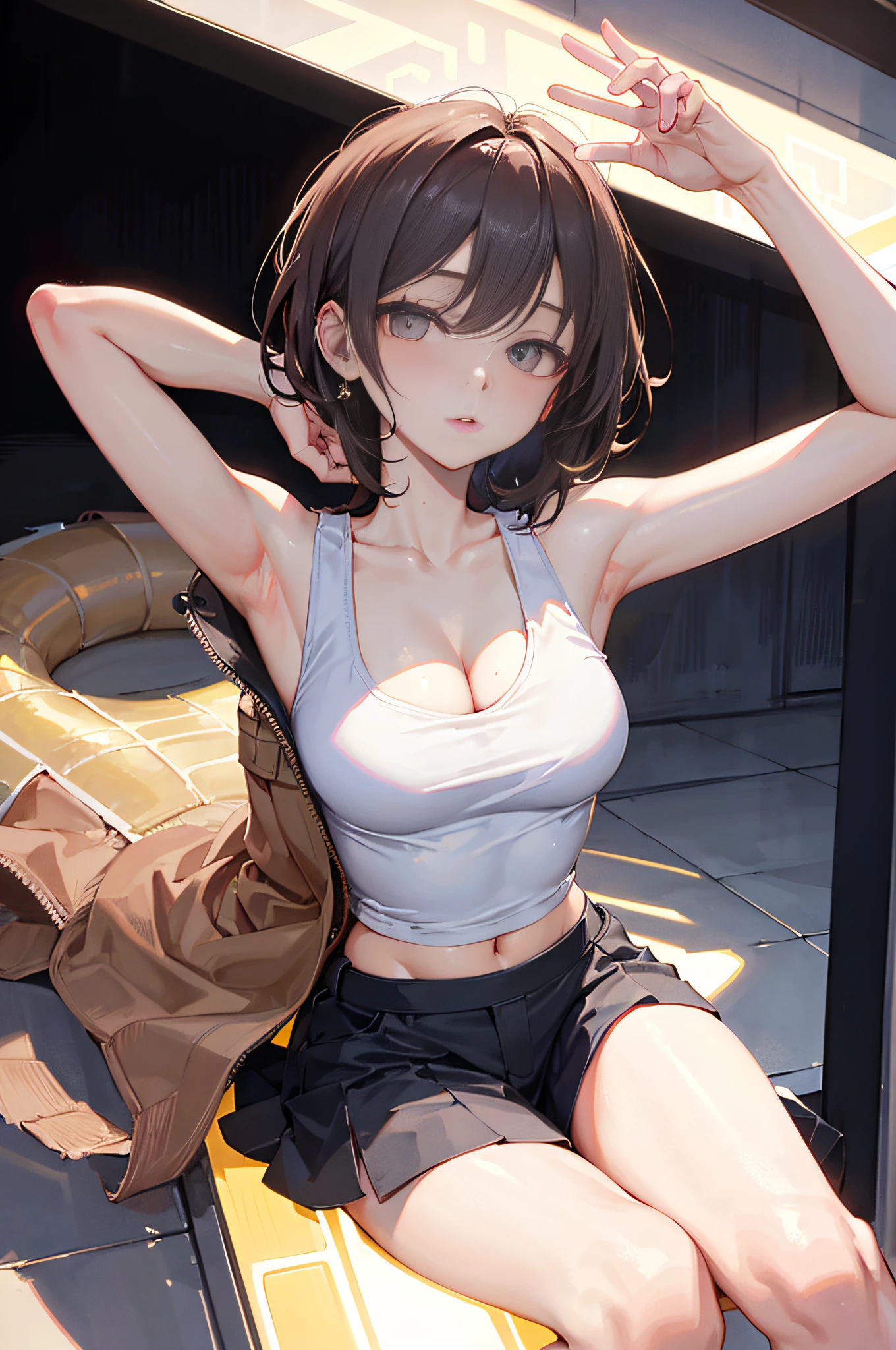 Top image quality、Raw photography、超A high resolution、An 18-year-old woman、Shooting for one person only、modelshoot、big round chest、cleavage of the breast、Wearing a tank top、Wearing a black skirt、Beautiful Eyes of Details、very elongated eyes、Beautiful eyelashes、Beautiful double eyelids、Gray walls、very slender legs、Shorthair with light brown hair、very slender physique、Very small buttocks