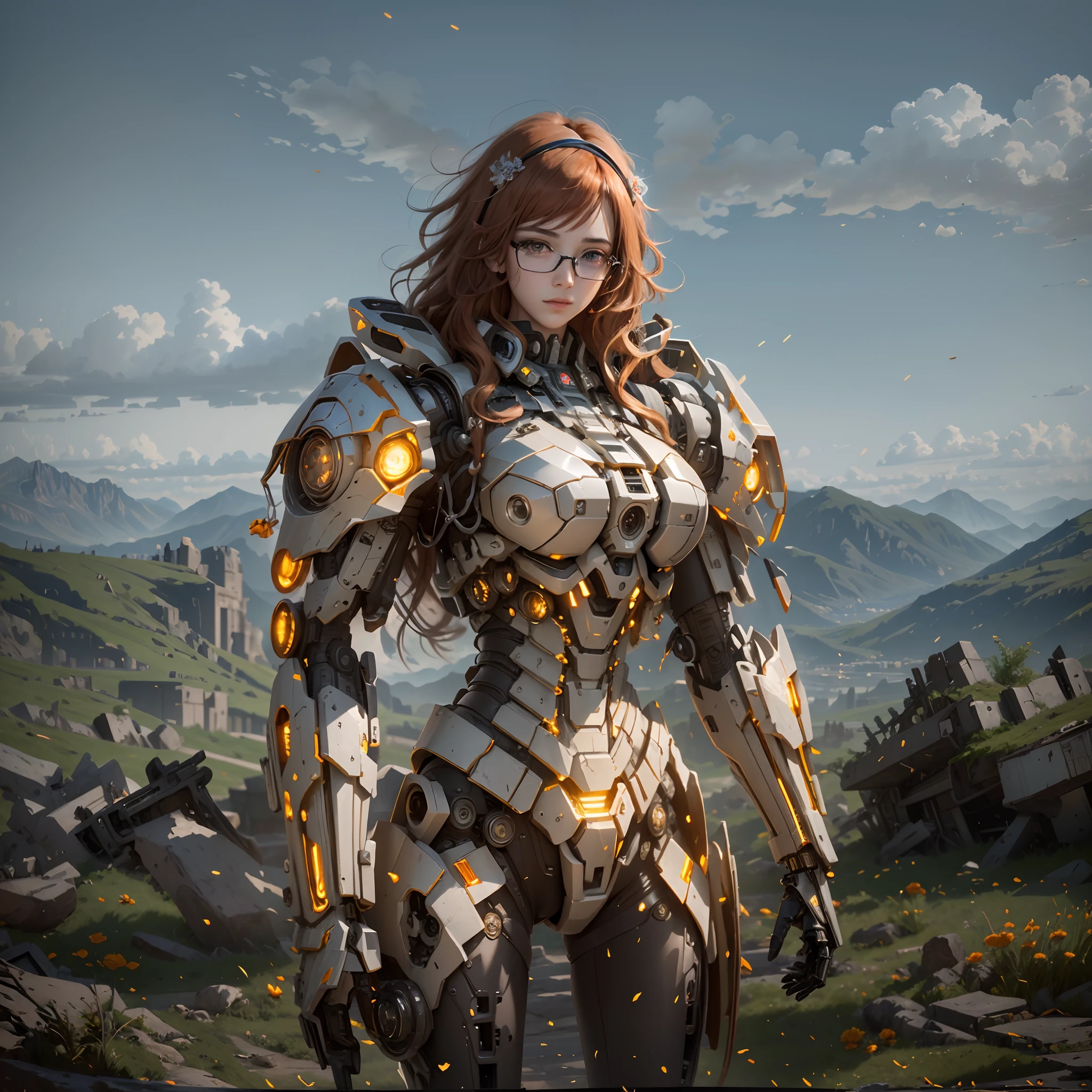 ((Best Quality)), ((Masterpiece)), (Very Detailed:1.3), 3D, Shitu-mecha, Beautiful cyberpunk woman with her pink mech in the ruins of a city in the forgotten war, Ancient technology, HDR (High Dynamic Range), ray tracing, NVIDIA RTX, super resolution, unreal 5, subsurface scattering, PBR texture, post-processing, anisotropic filtering, depth of field, maximum sharpness and sharpness, multi-layer texture, albedo and highlight maps, surface shading, Accurate simulation of light-material interactions, perfect proportions, octane rendering, duotone lighting, low ISO, white balance, rule of thirds, wide aperture, 8K RAW, efficient sub-pixels, subpixel convolution, luminescent particles, light scattering, Tyndall effect, wearing black glasses, right hand holding energy sword,long orange hair with red rose head band,