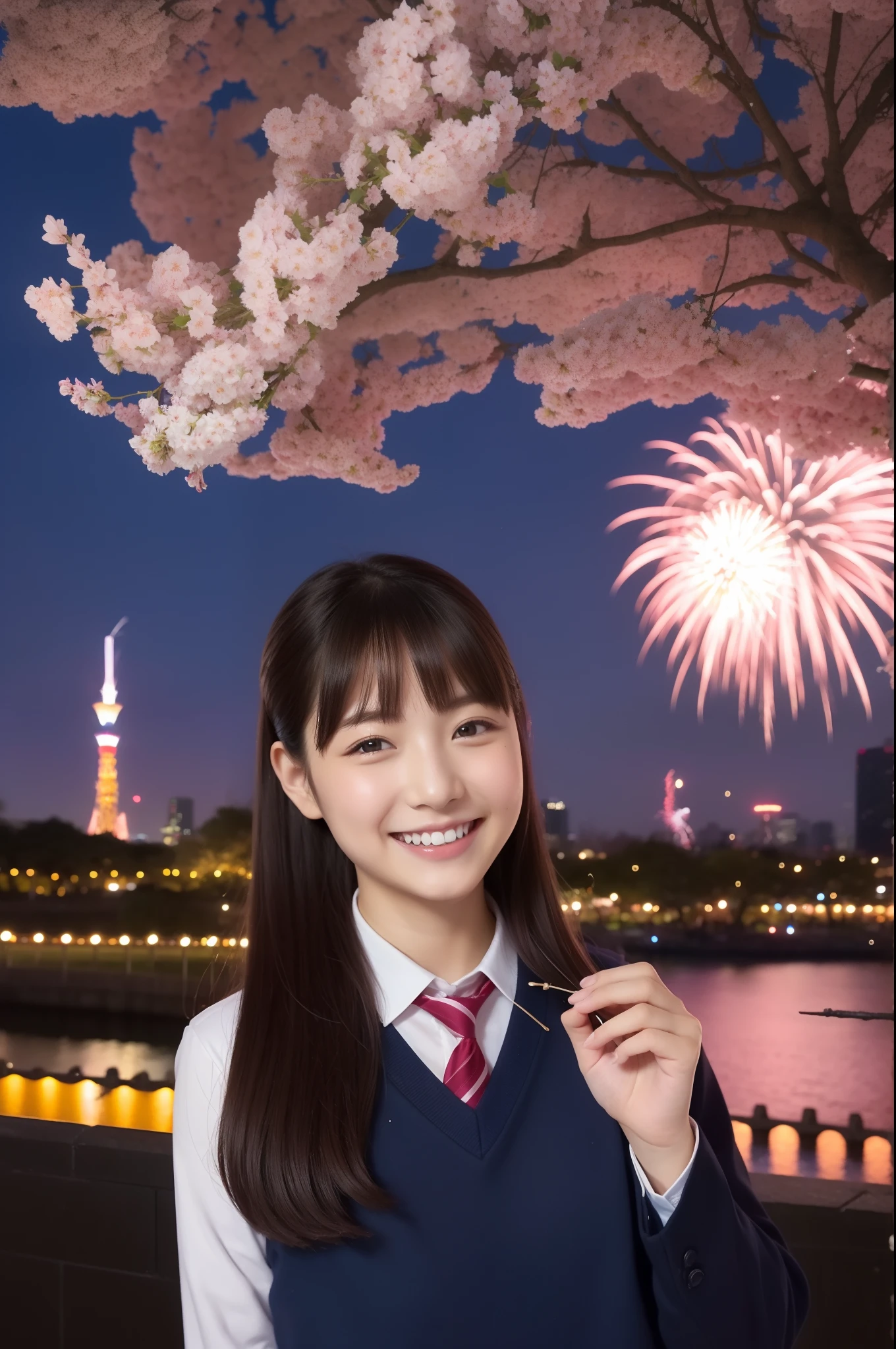 A smile、hi-school girl、校服、While doing fireworks、mare、Tokyo Skytree、cherry trees
