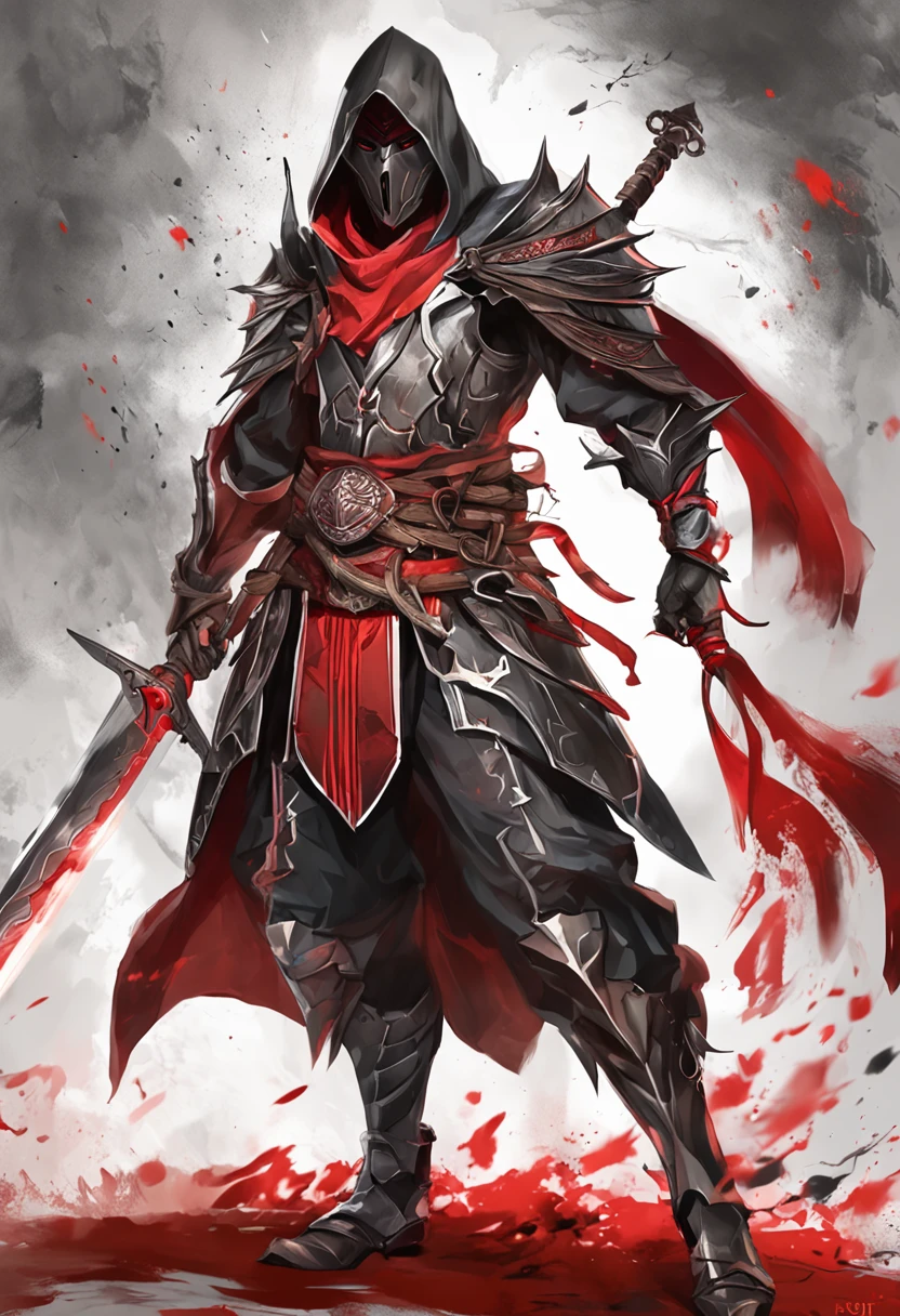 (ultra-detailed CG unit 8k wallpaper, Master parts, Best quality, depth of fields, hdr, 复杂), Tall, The sinister Dark Assassin wears a metal mask,Bright red eyes,Light and dark armor,Behind him,He wears a low-key red cloak。,Holding a sharp dagger in his arms,Step into the burning village, (复杂: 1.4) (Master parts: 1.4) (illustration: 1.4), Red studio lighting, Post-processing, 8K resolution, deep dark background, imponent, Well-composed photos, Impressive, dark fantacy (director: greg rutkovsky: 1.2), (darken: 1.5)