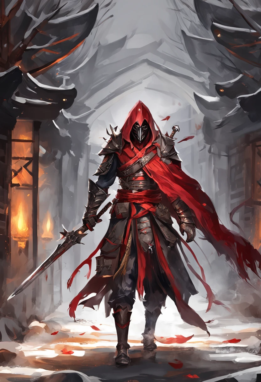 (ultra-detailed CG unit 8k wallpaper, Master parts, Best quality, depth of fields, hdr, 复杂), Tall, The sinister Dark Assassin wears a metal mask，Bright red eyes，Light and dark armor，Behind him，He wears a low-key red cloak。，Holding a sharp dagger in his arms，Step into the burning village, (复杂: 1.4) (Master parts: 1.4) (illustration: 1.4), Red studio lighting, Post-processing, 8K resolution, deep dark background, imponent, Well-composed photos, Impressive, dark fantacy (director: greg rutkovsky: 1.2), (darken: 1.5)