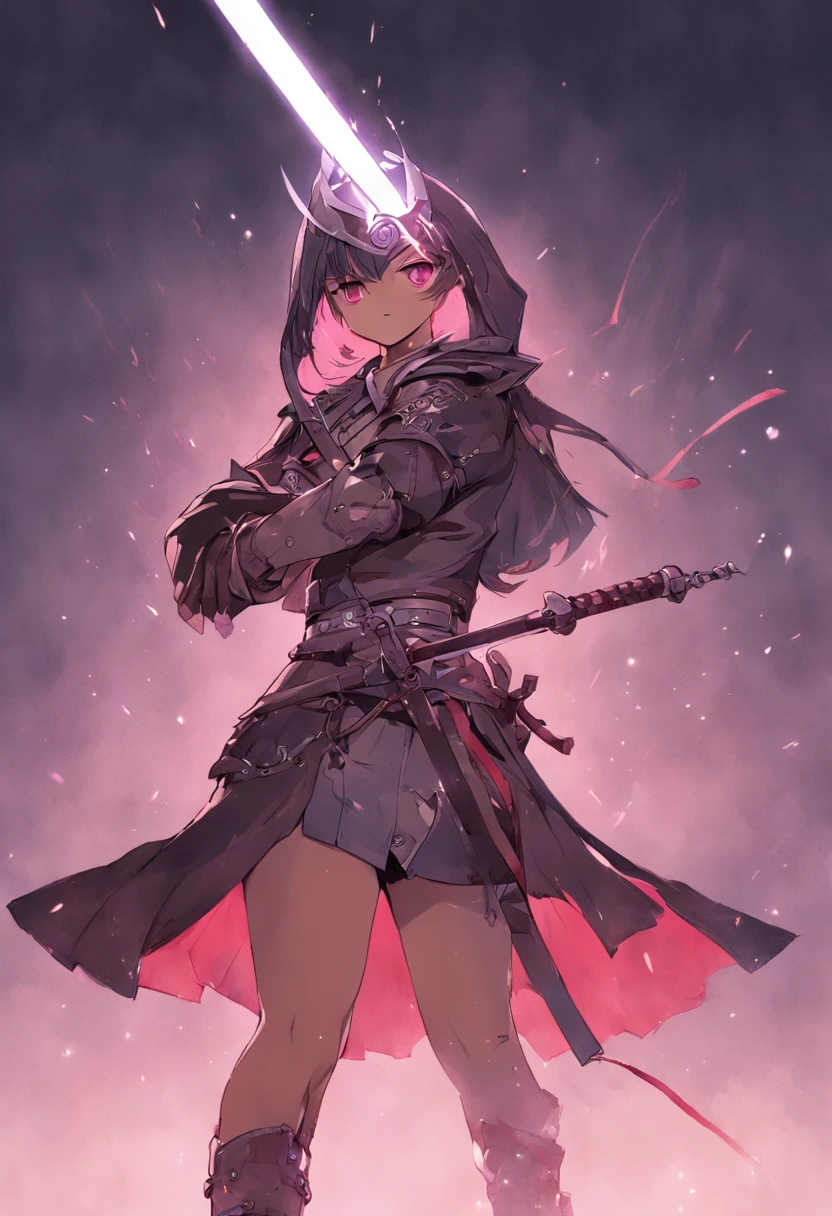 menina da pele marrom, corpo inteiro na imagem. Sua figura, peituda, Curvy, proper steering, orelhas de gato, rabo de gato, Cor do cabelo Magenta, olhos magenta escuros, Brown skin, with sword in hand, grande pano esfarrapado como capa enrolada na cintura, armadura peitoral, manopla, camisa preta de manga comprida sob a armadura, armadura peitoral, Capuz, Espada devidamente desenhada, magic sword, pano enrolado na cintura, Sword properly drawn in hand, orelhas de coelho, Pintura digital da cauda do gato, digital illustation, Detalhe extremo, arte digital, armadura do cavaleiro, Baggy Puffy Pants, metal boots, totalmente blindado. pano enrolado na cintura. Hold a sword with both hands.