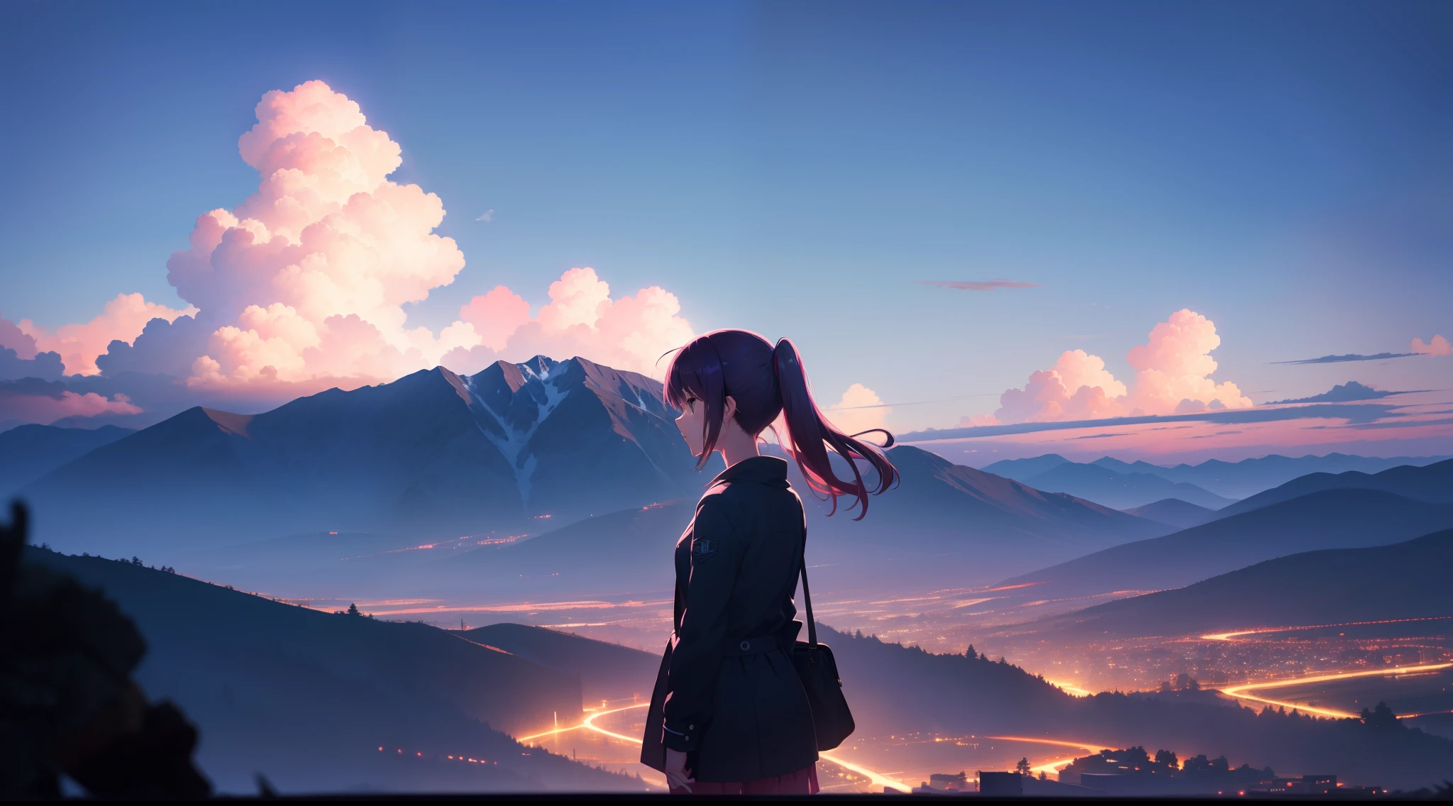 one anime girl, centre of frame, high quality, pink and blue sky, twilight, faraway shot, silhouette, back towards camera, single girl, makoto shinkai style, 2d, on a mountain