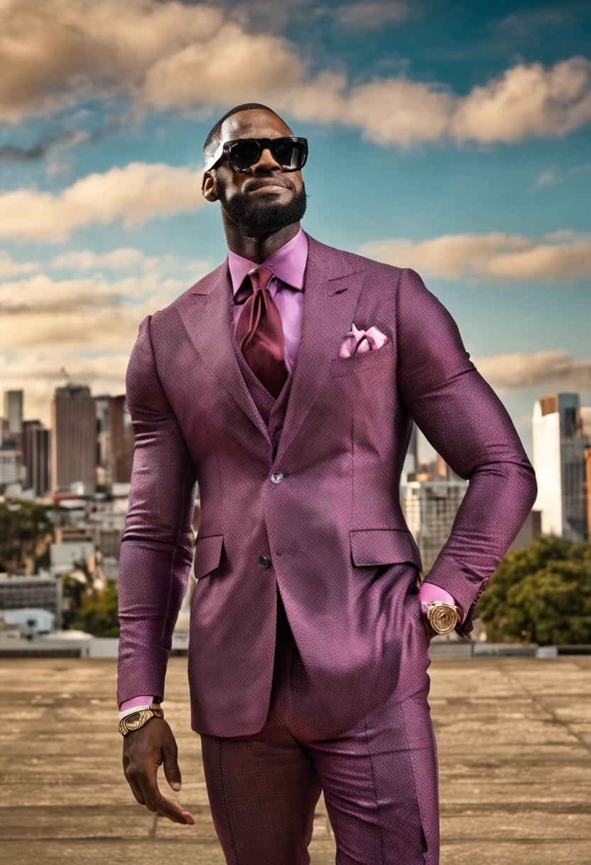 Lebron James, de terno e gravata indo fazer uma entrevista de emprego e usando oculos escuro ::n_ terno preto, sem texto e sem oculos escuro