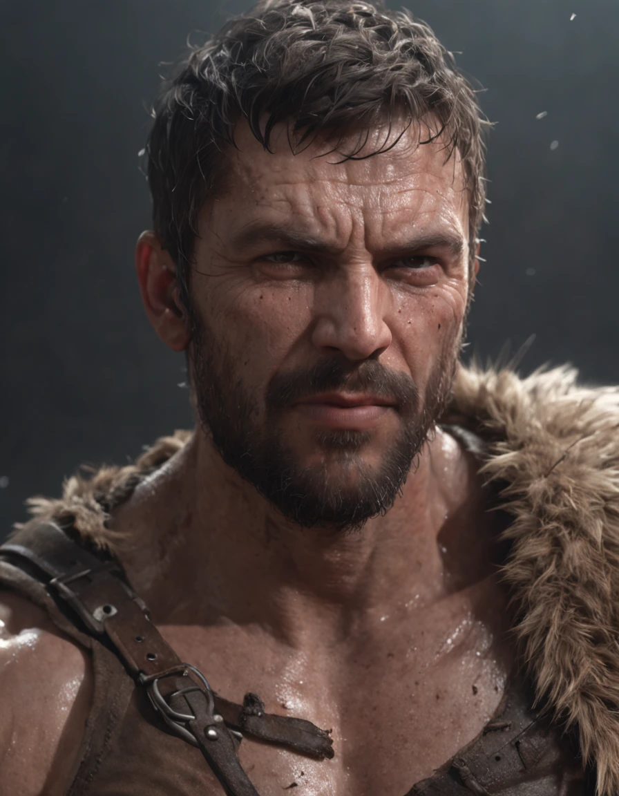 (professional 3d render:1.3) af (Realistic:1.3) most beautiful artwork photo in the world, Features soft and shiny male heroes, ((Epic hero fantasy muscle man rough wet hero angry look spiked hair short beard and ferocious expression in dynamic pose, Fantastic location, Majestic cluttered environment)), full body 8k unity render, action shot, skin pore, very dark lighting, heavyshading, Detailed, Detailed face, (vibrant, photograph realistic, Realistic, Dramatic, Dark, Sharp focus, 8K), (Old leather garments damaged by weathering:1.4), ((((Wear fur)))), (Intricate:1.4), decadent, (Highly detailed:1.4), Digital painting, rendering by octane, art  stations, concept-art, smooth, Sharp focus, illustration, Art germ, (loish:0.23), wlop ilya kuvshinov, and greg rutkowski and alphonse mucha gracias, (Global illumination, Studio light, volumettic light), heavy rain, particles floating, lotr, fantasy, elf, full bodyesbian, ((Dark and ancient city background:1.3)),CGSesociety,art stations