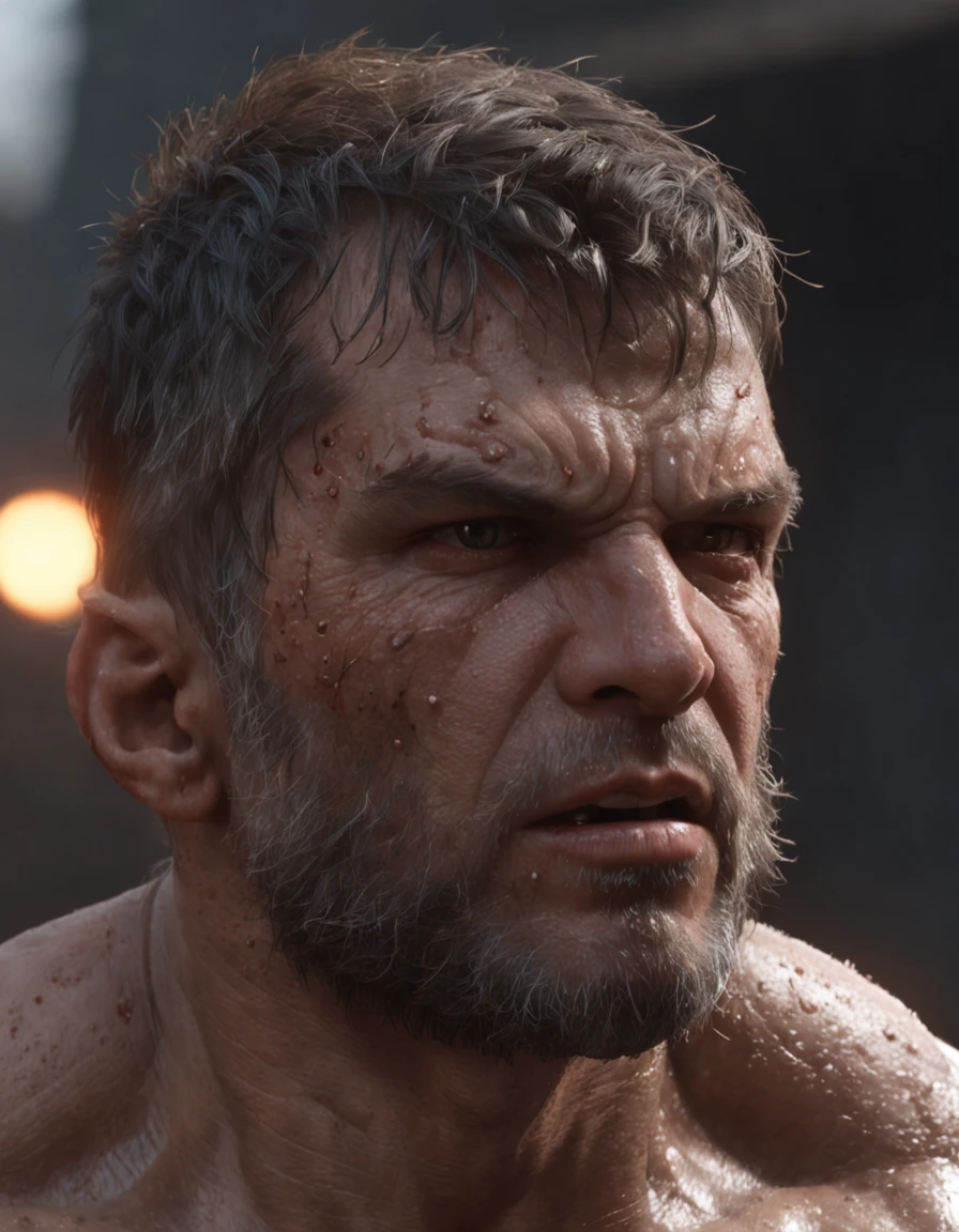 (professional 3d render:1.3) af (Realistic:1.3) most beautiful artwork photo in the world, Features soft and shiny male heroes, ((Epic hero fantasy muscle man rough wet hero angry look spiked hair short beard and ferocious expression in dynamic pose, Fantastic location, Majestic cluttered environment)), full body 8k unity render, action shot, skin pore, very dark lighting, heavyshading, Detailed, Detailed face, (vibrant, photograph realistic, Realistic, Dramatic, Dark, Sharp focus, 8K), (Old leather garments damaged by weathering:1.4), ((((Wear fur)))), (Intricate:1.4), decadent, (Highly detailed:1.4), Digital painting, rendering by octane, art stations, concept-art, smooth, Sharp focus, illustration, Art germ, (loish:0.23), wlop ilya kuvshinov, and greg rutkowski and alphonse mucha gracias, (Global illumination, Studio light, volumettic light), heavy rain, particles floating, lotr, fantasy, elf, full bodyesbian, ((Dark and ancient city background:1.3)),CGSesociety,art stations