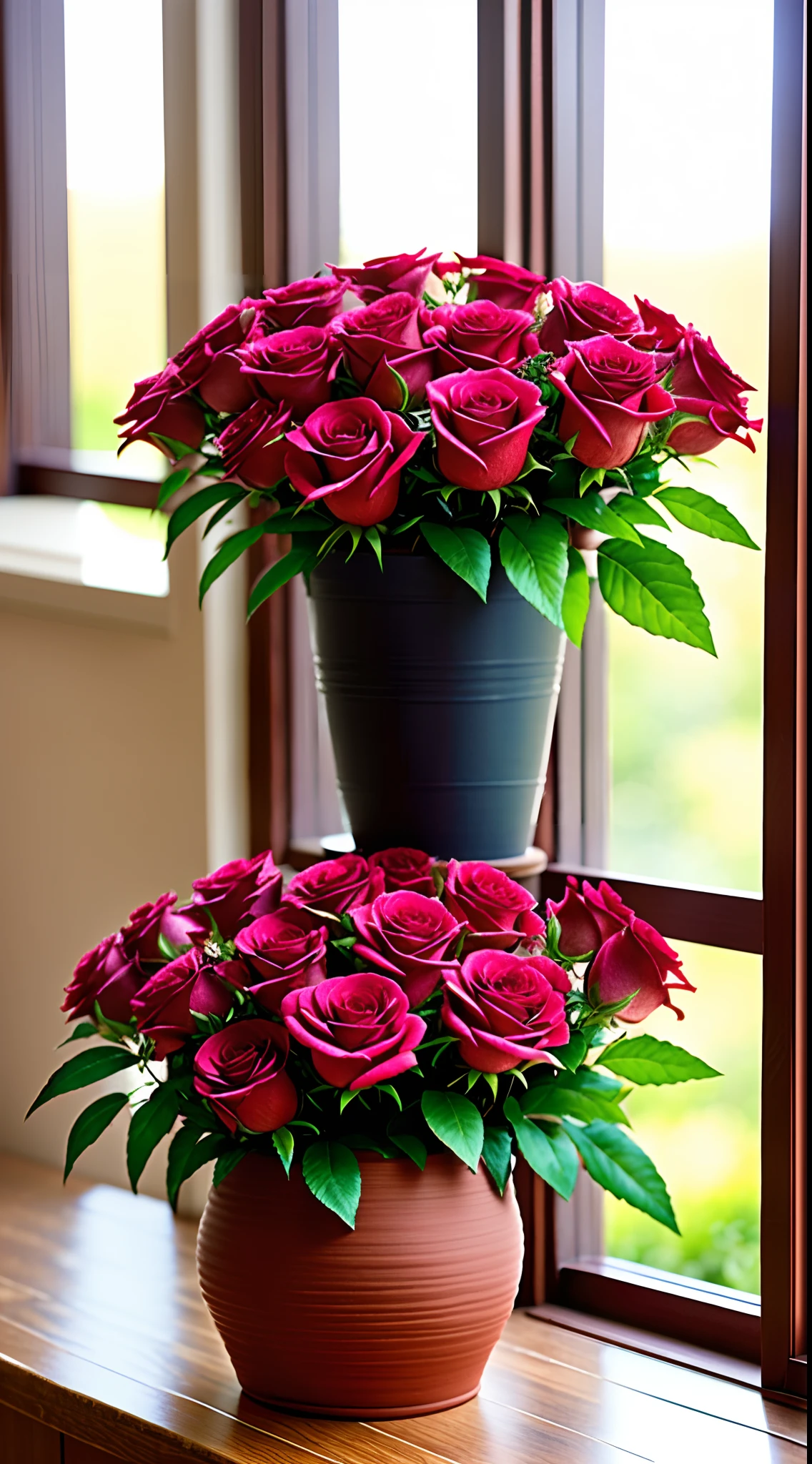 Clay pot, colorful roses, by the window, sunlight coming in, blank background, lots of details, high quality, 8k,