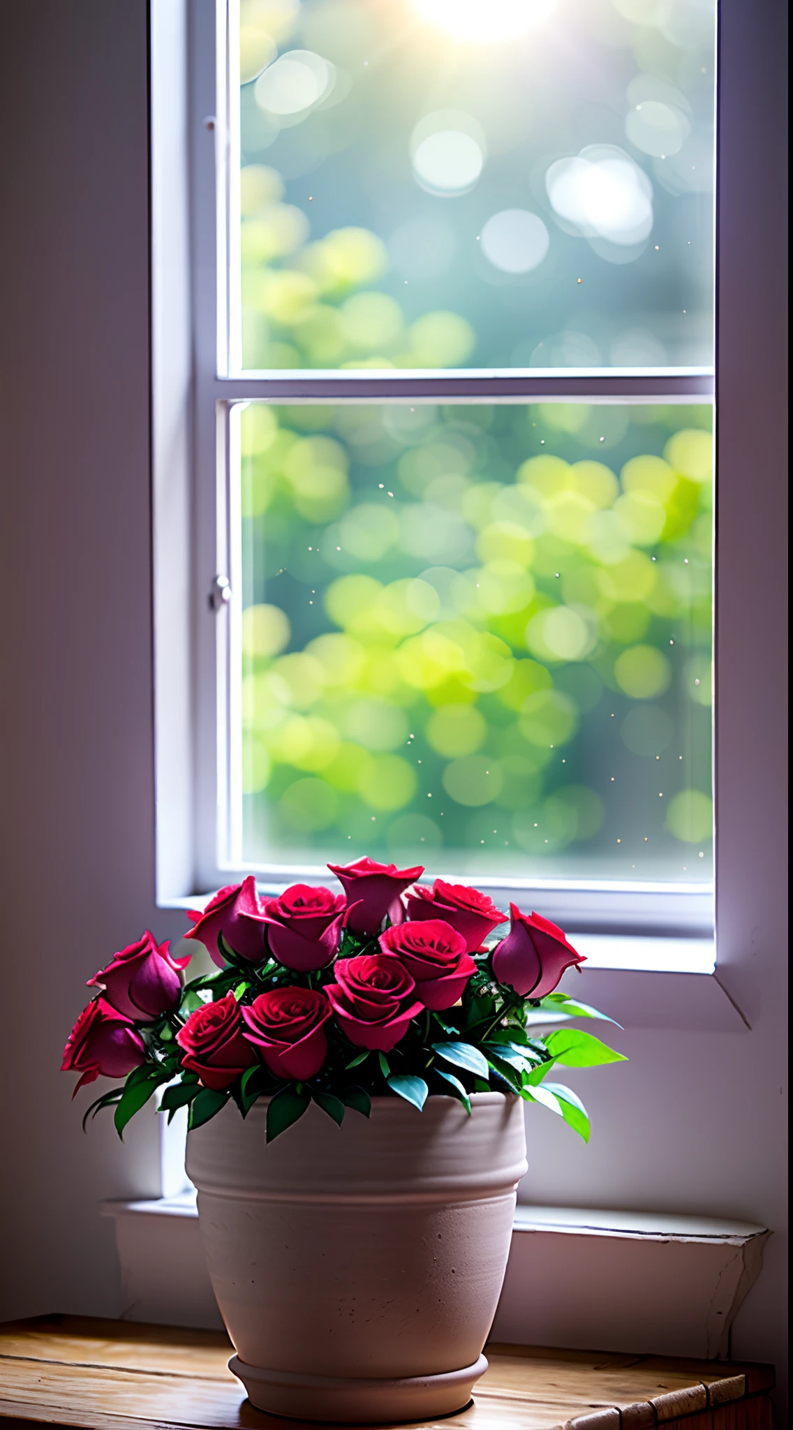 Clay pot, colorful roses, by the window, sunlight coming in, blank background, lots of details, high quality, 8k,