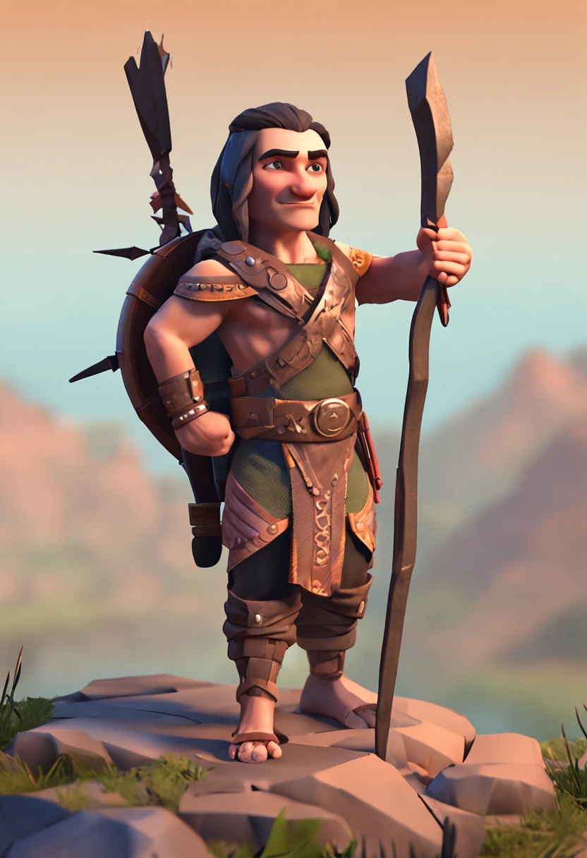 1 Original boy，Full body like，（European and American cartoon Q version，3D model rendering，Primitive barbarian style），Skinny archer，Floral decoration，Barbarians，Clash Royale style，Cartoon model rendering，low poly，highly details eye、beauitful face，Mini Dwarf，Complicated details，Full body standing painting，white backgrounid，tmasterpiece，best qualtiy，Best resolution，8K