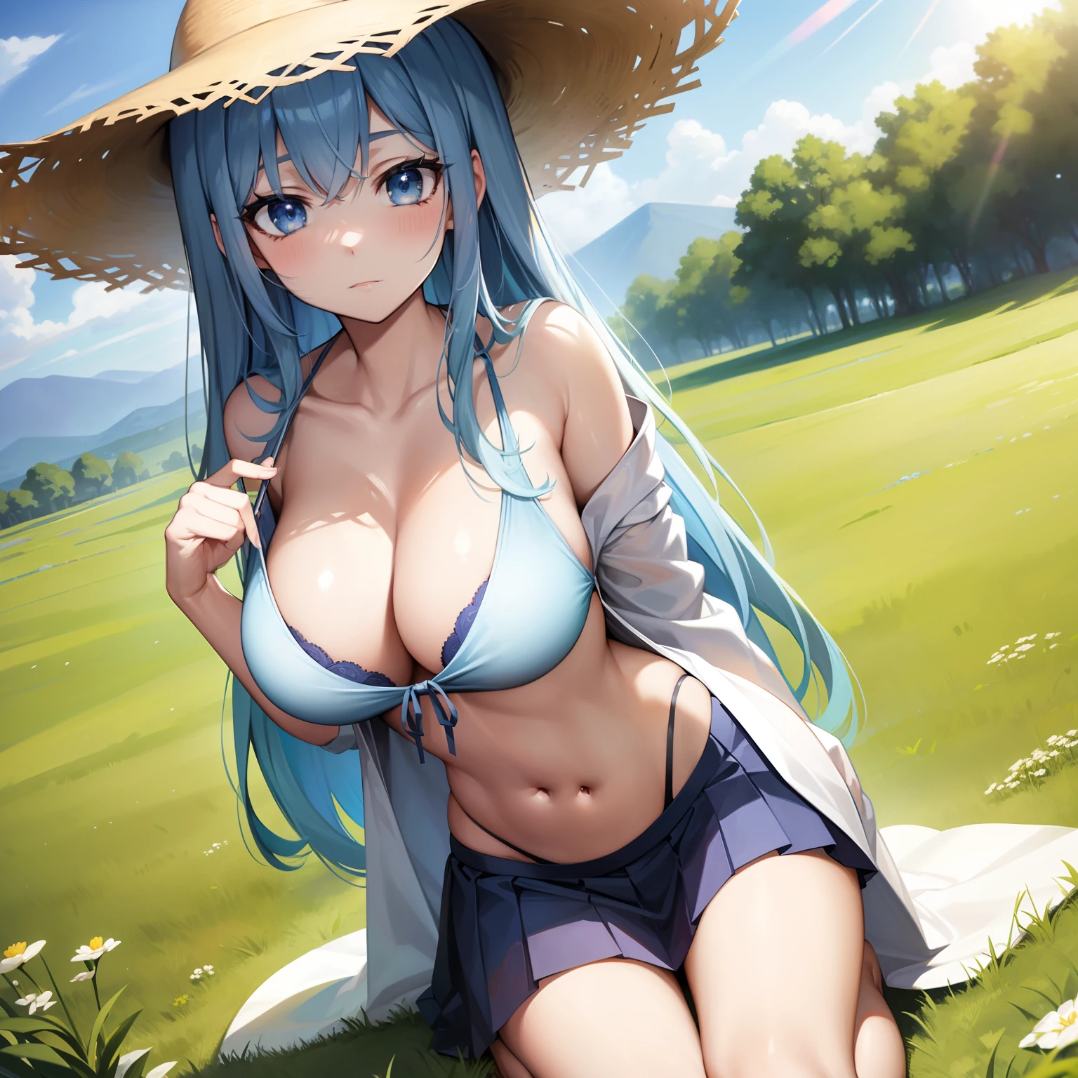 Detailed face, Long eyelashes, Detailed eyes,Big chest，(Long straight hair: 1.3), (blue color eyes: 1.3),largeeyes (Pale blue hair: 1.2),Slim, and huge hips，Bigchest，huge tit，From the angle from below, grassy fields，rays of sunshine，shyexpression，Squinted eyes，There is love in the eyes，Put your hands behind your back，Kneel on the grass，Pleasant，Wear a short shirt，Short pleated skirt，Wearing a straw hat，Exposed shoulders，exposing your navel，The reveal panties，Close-up of panties and chest