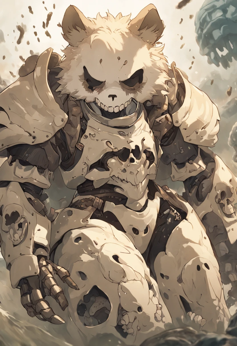 A high resolution, Masterpiece, Perfect lighting, full bloom, Cinematic lighting, Adult, Perfect skin, Female, view the viewer, cream-colored, Furry, Plague Ocean, Armor, power armour, skull, mud, :), Smile,