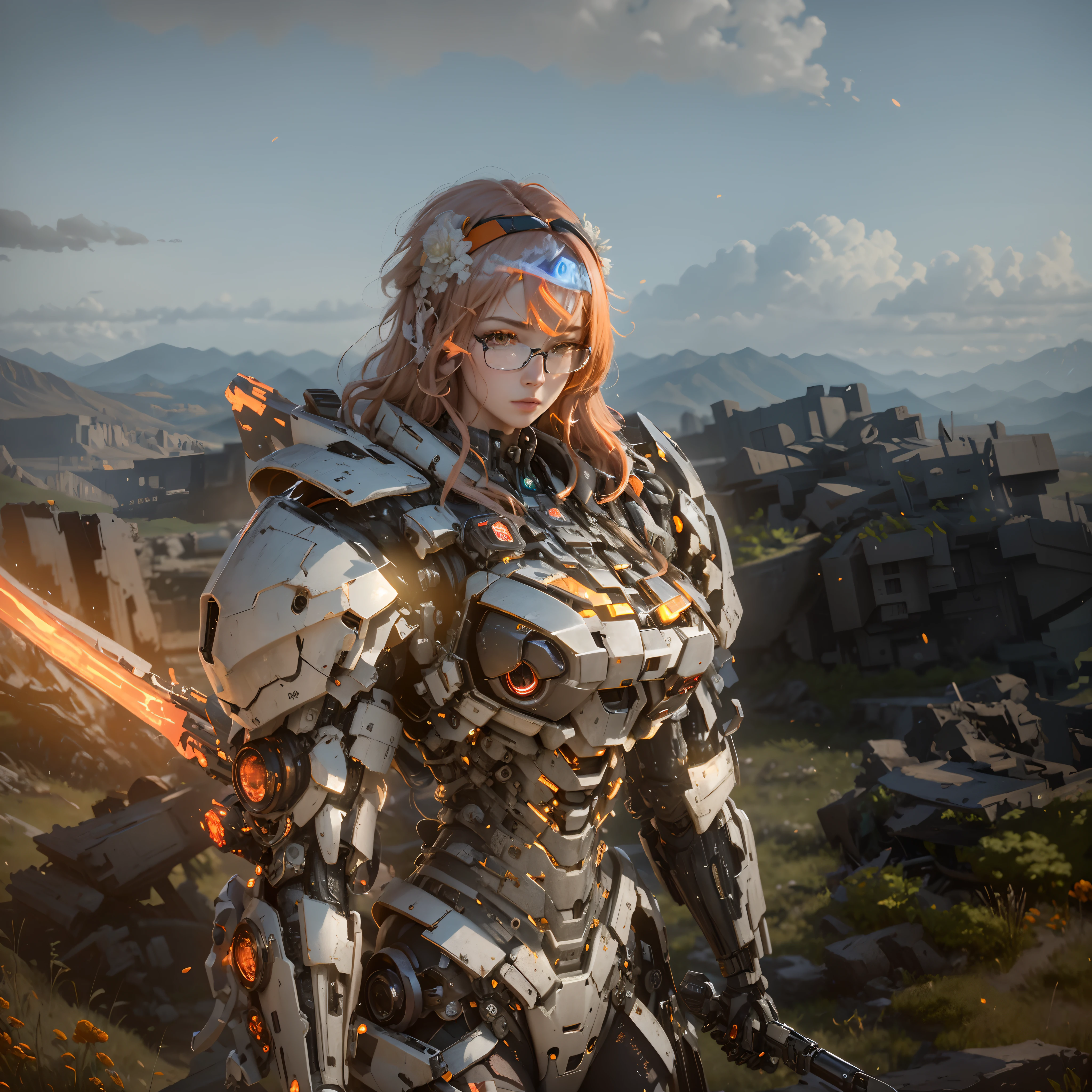 ((Best Quality)), ((Masterpiece)), (Very Detailed:1.3), 3D, Shitu-mecha, Beautiful cyberpunk woman with her pink mech in the ruins of a city in the forgotten war, Ancient technology, HDR (High Dynamic Range), ray tracing, NVIDIA RTX, super resolution, unreal 5, subsurface scattering, PBR texture, post-processing, anisotropic filtering, depth of field, maximum sharpness and sharpness, multi-layer texture, albedo and highlight maps, surface shading, Accurate simulation of light-material interactions, perfect proportions, octane rendering, duotone lighting, low ISO, white balance, rule of thirds, wide aperture, 8K RAW, efficient sub-pixels, subpixel convolution, luminescent particles, light scattering, Tyndall effect, wearing black glasses, right hand holding energy sword,long orange hair with red rose head band,