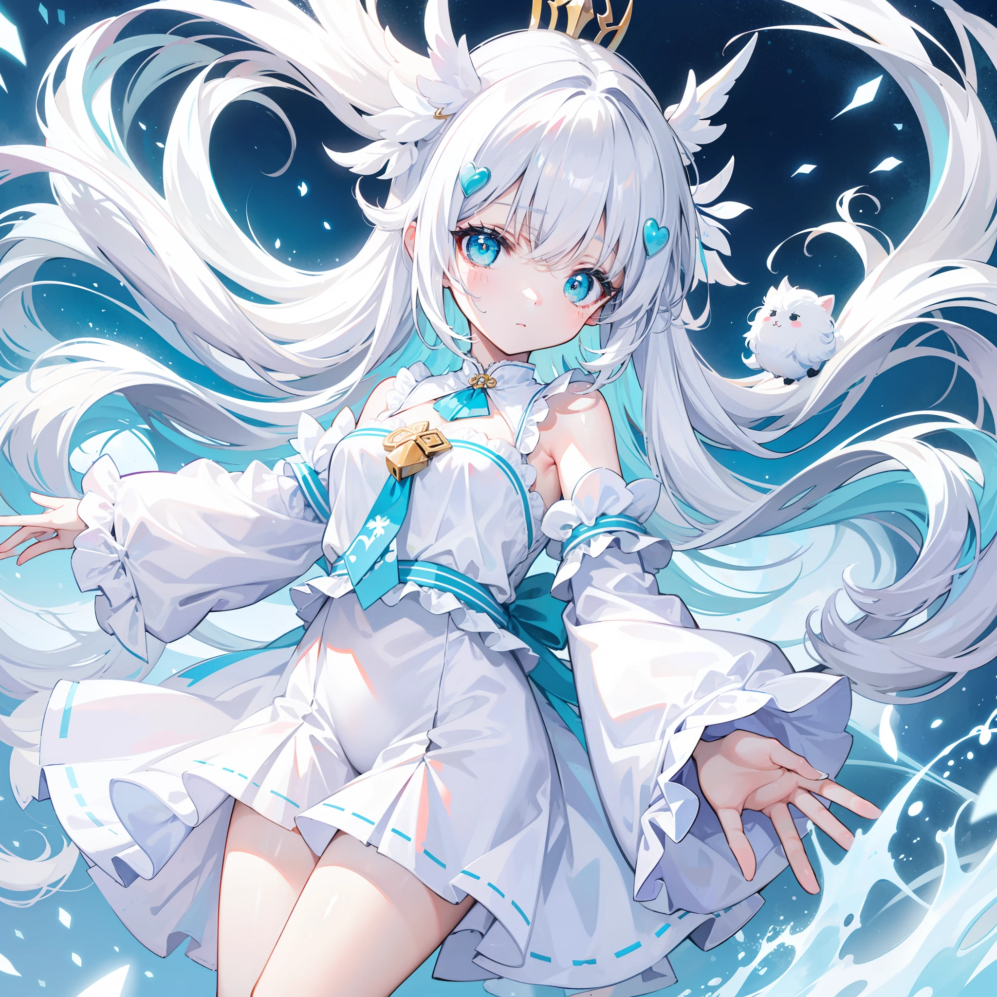 Against the background of the element of water，Light blue double ponytail hair，Yellow bells hang from his hair，Blue and white clothes with milk，Cute cute girl