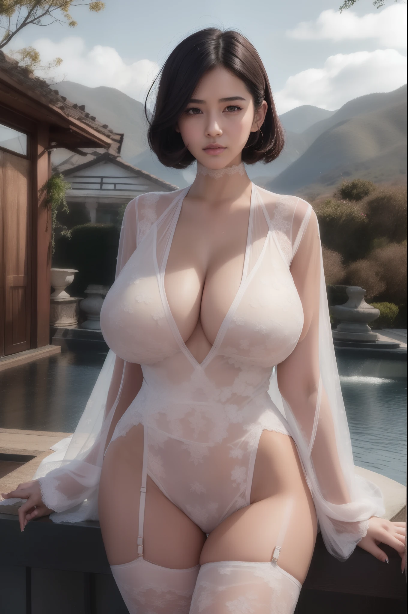 (((masterpiece))), ((best quality)), detailed, solo, 1girl,lingerie, stockings, seductive pose,(rain),breast curtains,
((big breast)), (big cleavage), (big cuvy hips), (narrow waist )  (looking at viewer:2), absurdly long hair, long eyelashes, eyeshadow,  small face, big eyes,bare shoulders, high contrast,ultra-high-definition, outstanding details, 8K, Blush face, attractive collarbone, sexy shoulders, blushing cheeks, nikon z9, 30mm lens, sharp focused face, f/4, iso 200, shutter 1/250, beauty light, medium shot, raw ,intricately detailed, award winning photograph, good contrast, high sharpness, facial symmetry, bokeh, ultra-detailed