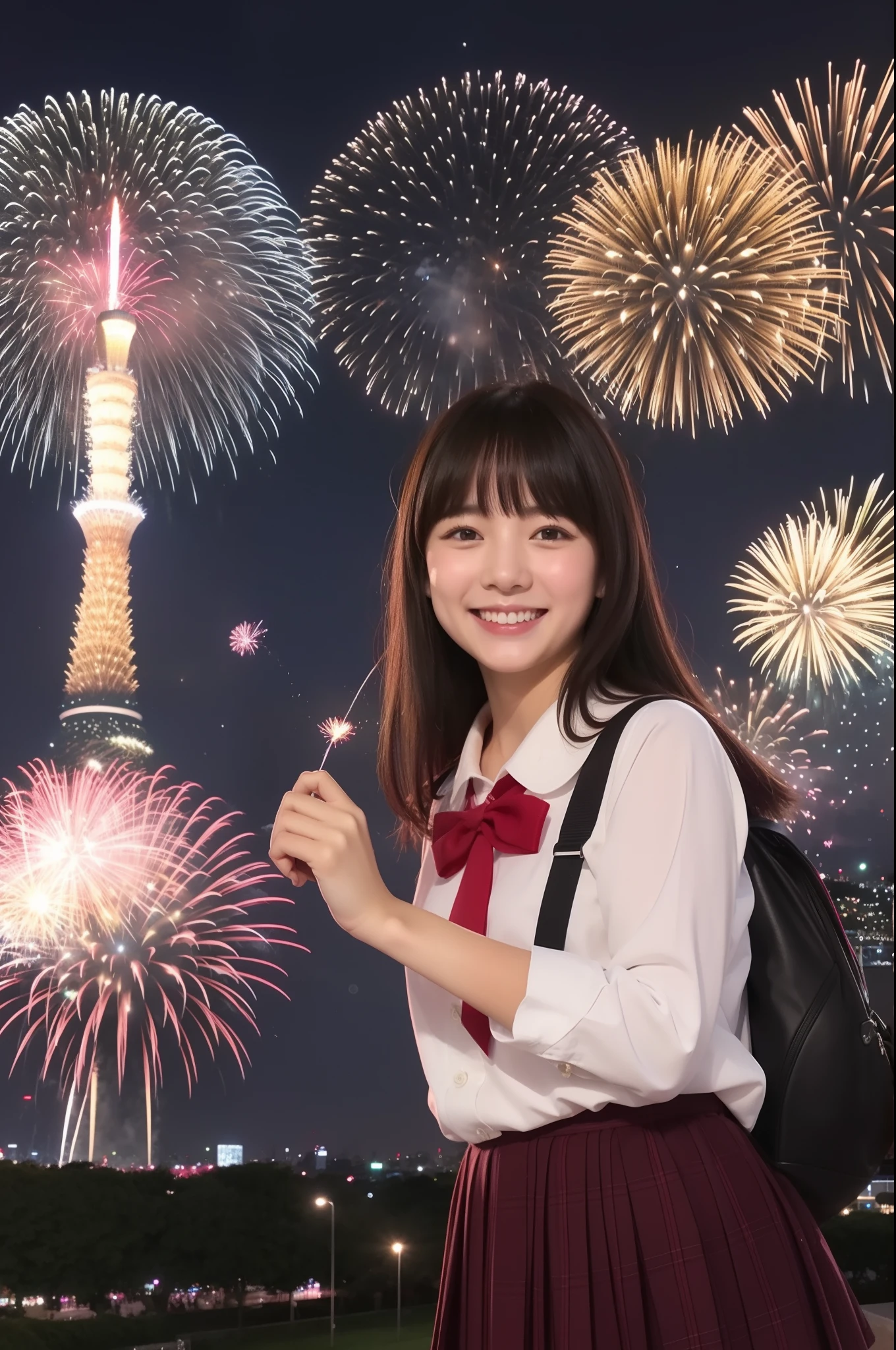 A smile、hi-school girl、校服、While doing fireworks、mare、Tokyo Skytree、cherry trees