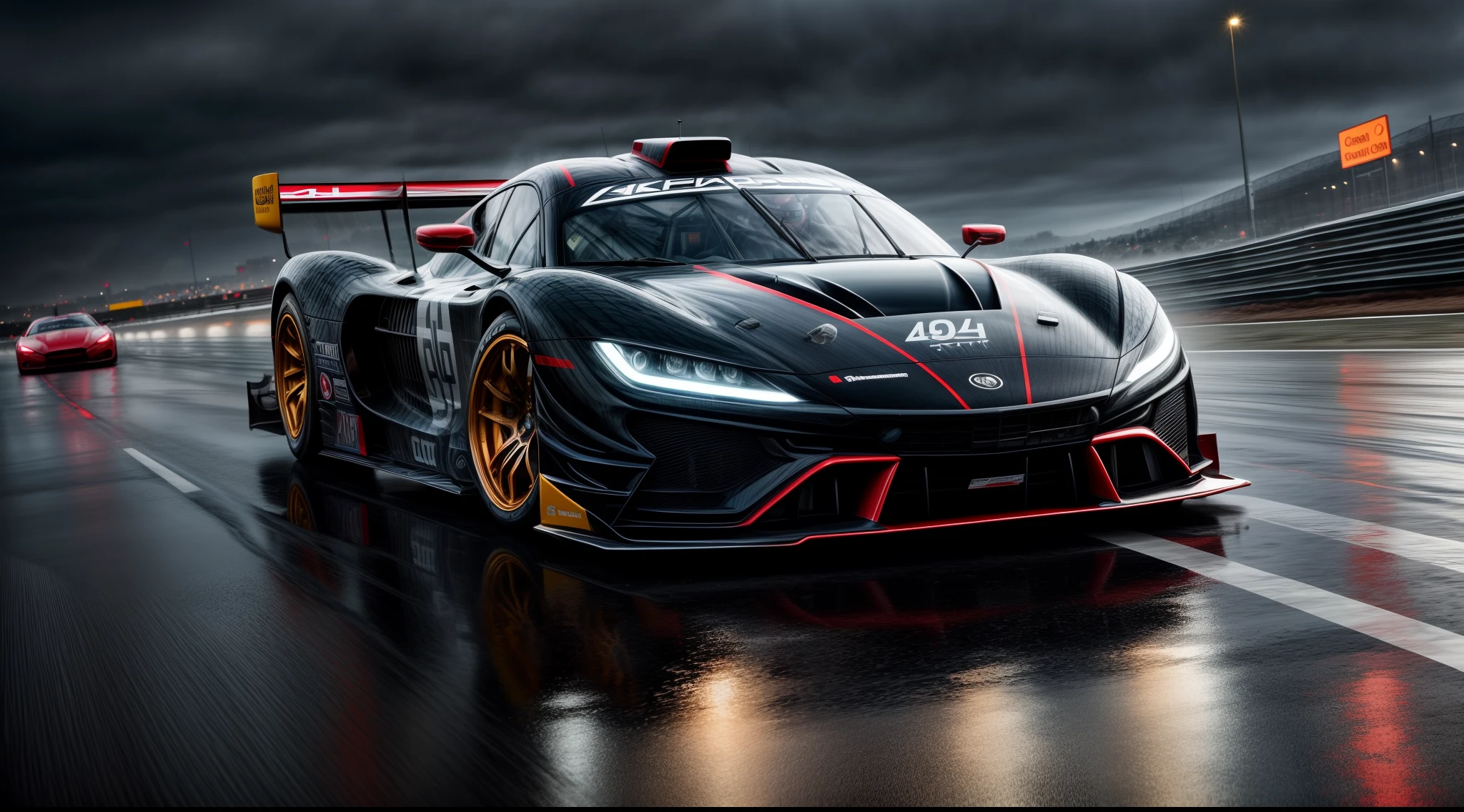 An ultra-realistic race car designed as a concept car on wet roads, speeding through a rain-soaked highway with water droplets cascading off its sleek body, capturing every detail of the car's aerodynamic curves and reflective surfaces, surrounded by blurred city lights, conveying a sense of speed and exhilaration, Photography, high-resolution capture with a full-frame DSLR and a wide-angle lens (24mm)