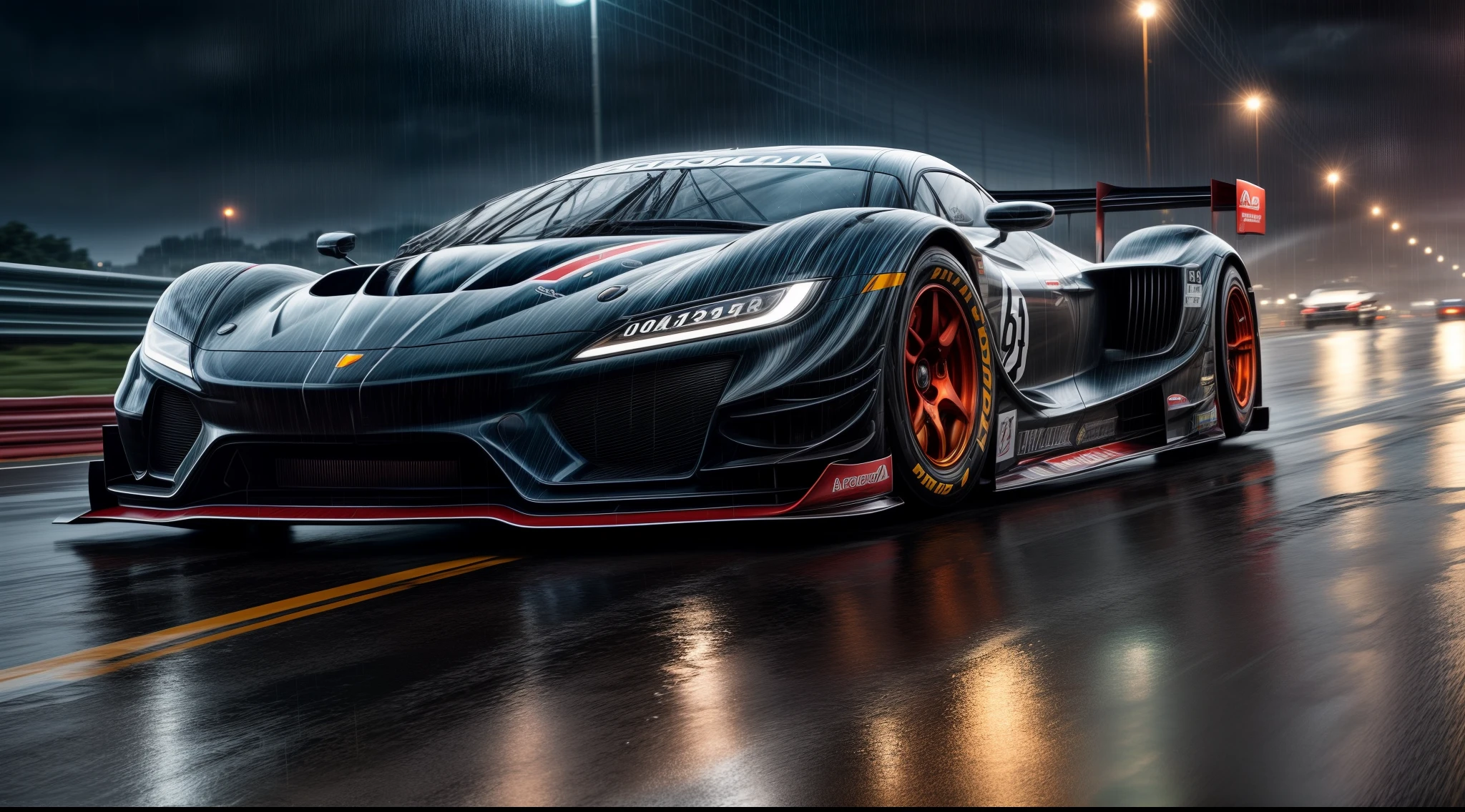 An ultra-realistic race car designed as a concept car on wet roads, speeding through a rain-soaked highway with water droplets cascading off its sleek body, capturing every detail of the car's aerodynamic curves and reflective surfaces, surrounded by blurred city lights, conveying a sense of speed and exhilaration, Photography, high-resolution capture with a full-frame DSLR and a wide-angle lens (24mm)