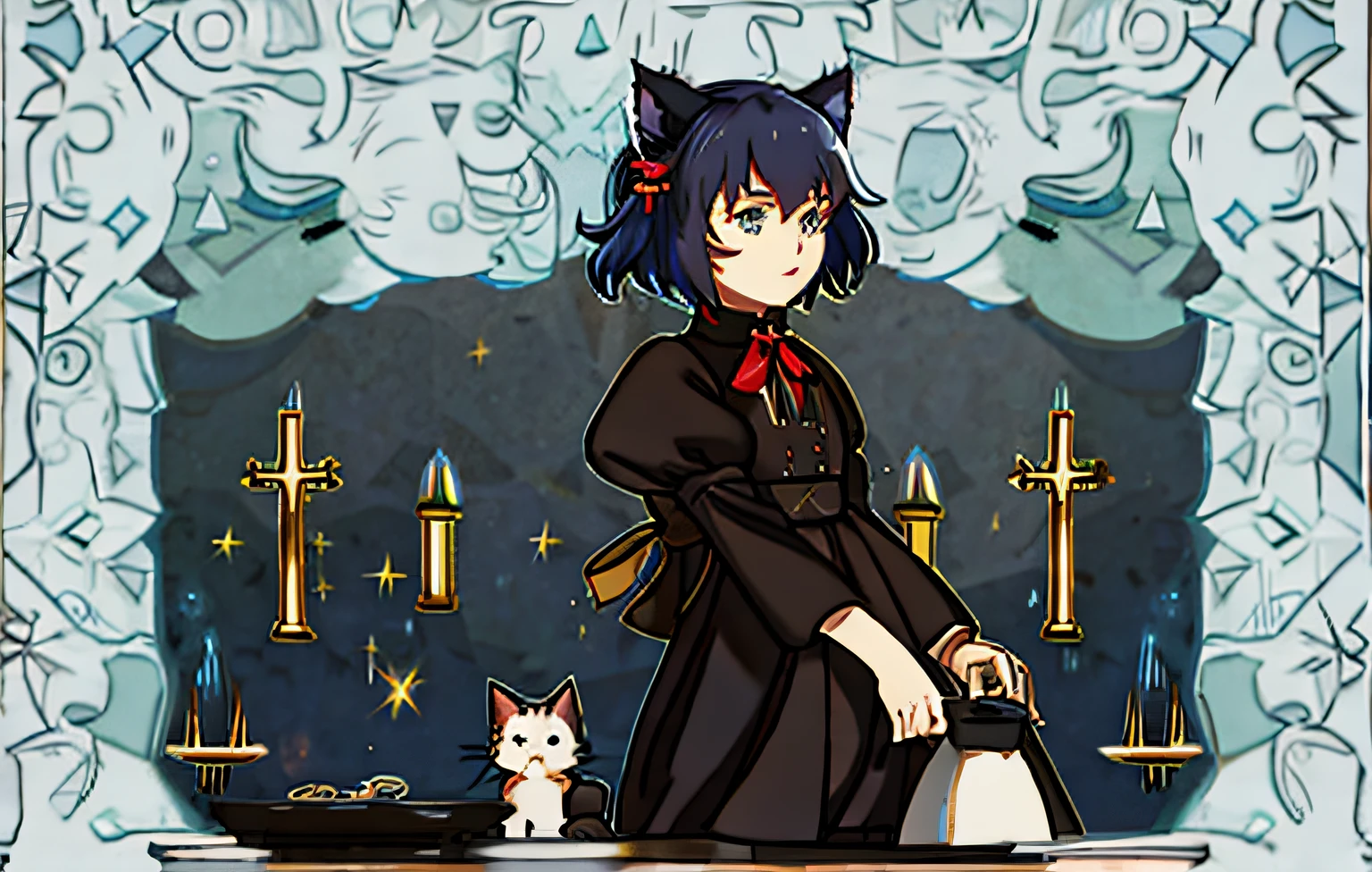 Cat-eared black silk jk maid