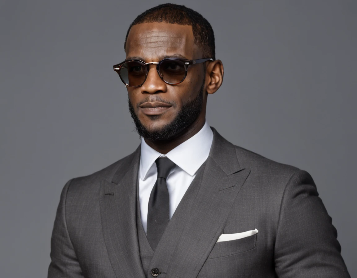 Lebron James, de terno e gravata indo fazer uma entrevista de emprego e usando oculos escuro ::n_ terno preto, sem texto e sem oculos escuro