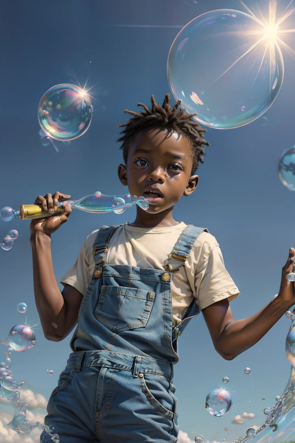 "clean pastel painting of a  African ethnicity boy wearing denim overalls chasing bubbles. Detailed and beautiful face, abundant bubbles, photorealistic depiction, create a bubble kingdom."