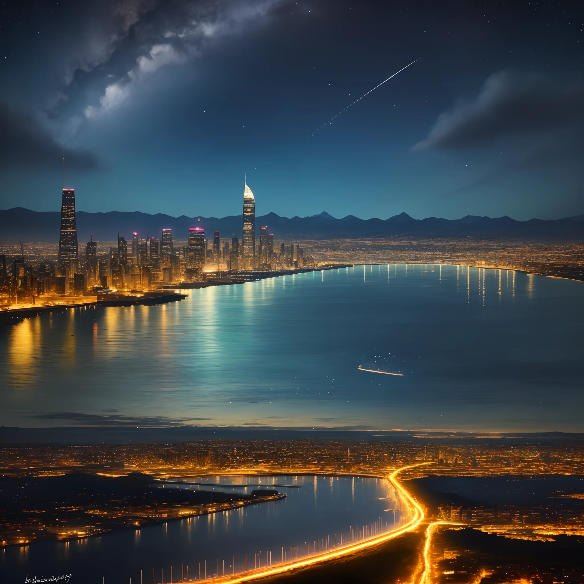 There is a big city on the sea, and at night, the stars, and schools of fish swim in the sky