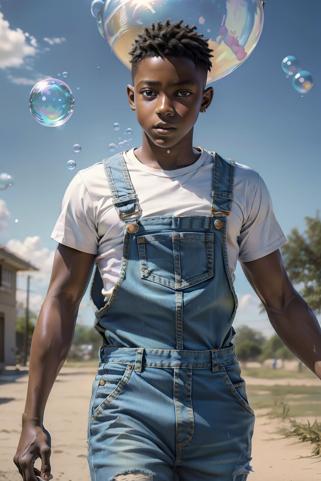 "clean pastel painting of a little African ethnicity boy wearing denim overalls chasing bubbles. Detailed and beautiful face, abundant bubbles, photorealistic depiction, create a bubble kingdom."