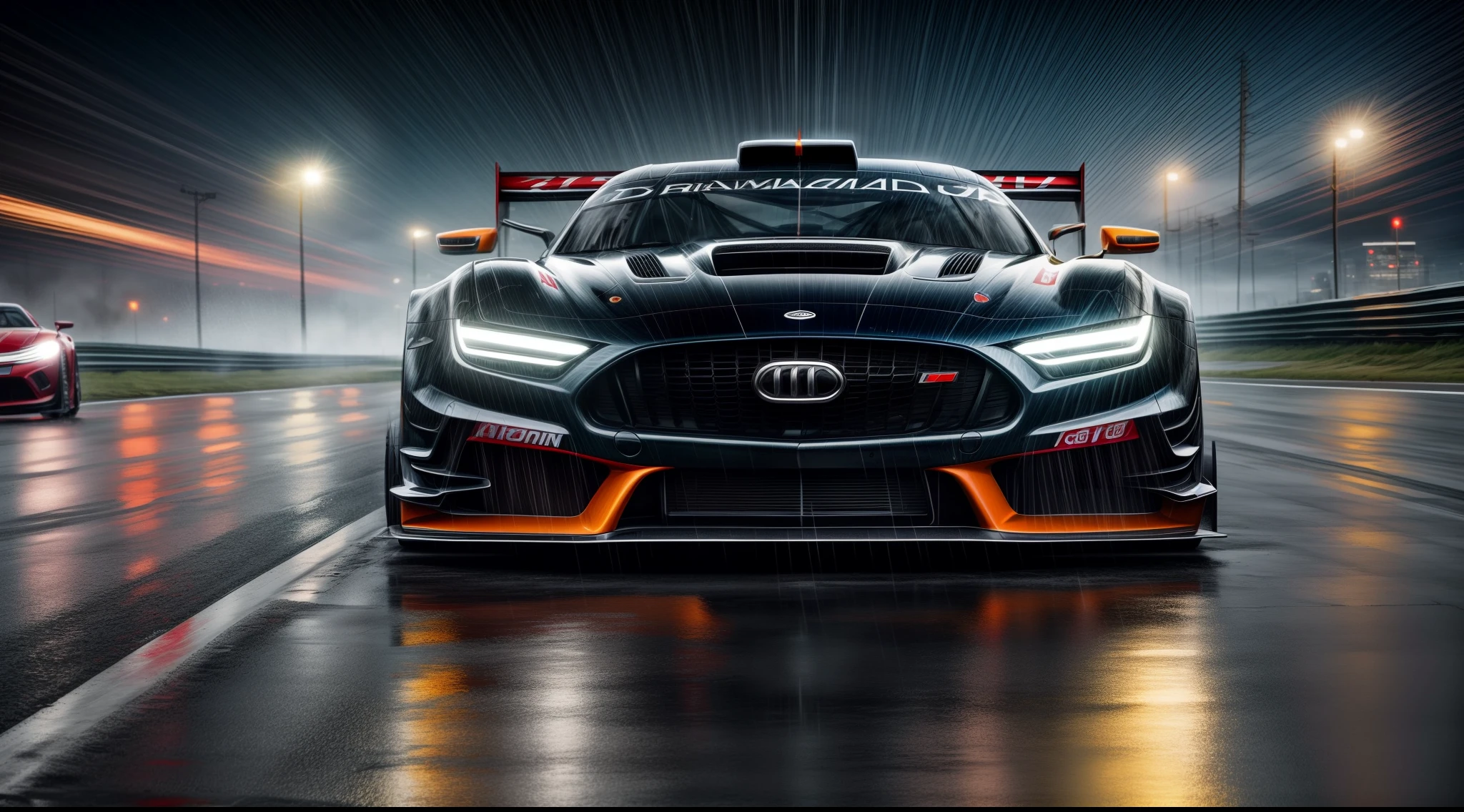 An ultra-realistic race car designed as a concept car on wet roads, speeding through a rain-soaked highway with water droplets cascading off its sleek body, capturing every detail of the car's aerodynamic curves and reflective surfaces, surrounded by blurred city lights, conveying a sense of speed and exhilaration, Photography, high-resolution capture with a full-frame DSLR and a wide-angle lens (24mm)