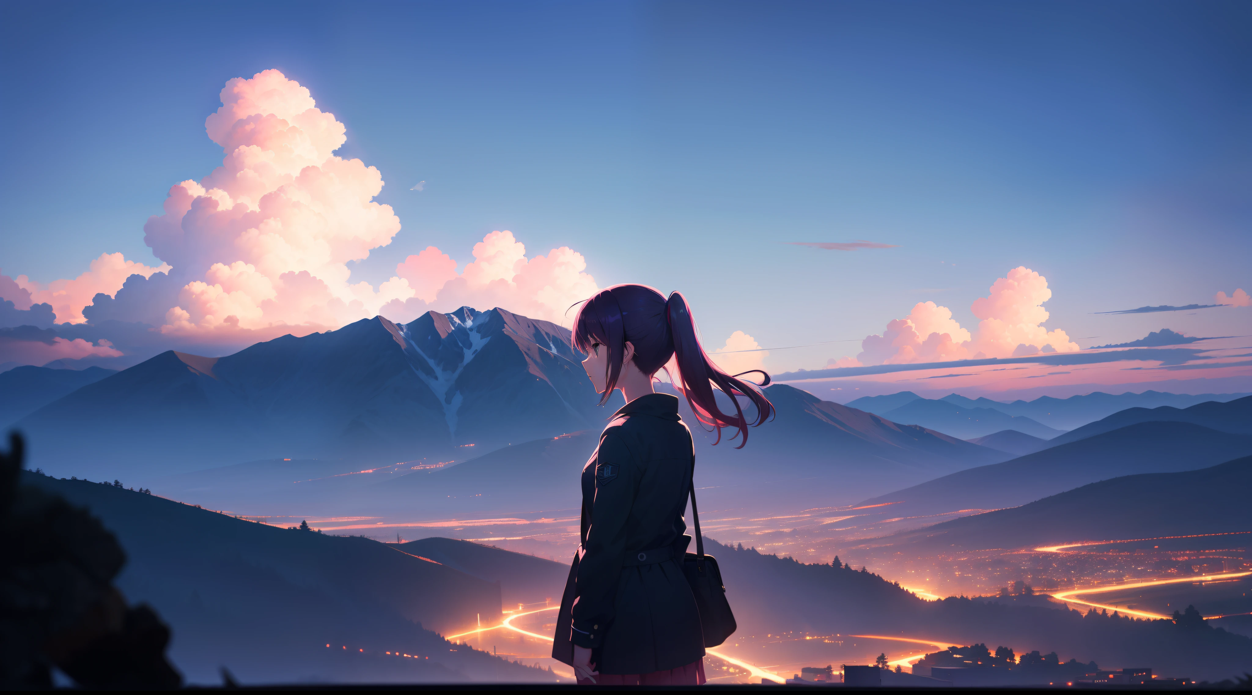 one anime girl, centre of frame, high quality, pink and blue sky, twilight, faraway shot, silhouette, back towards camera, single girl, makoto shinkai style, 2d, on a mountain