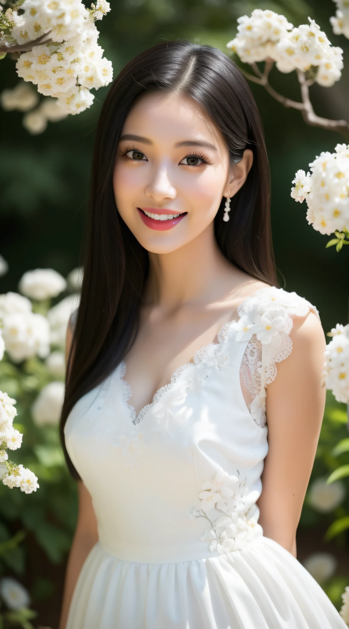 Garden background，A hundred flowers compete for spring，A Chinese girl with beautiful long black hair，Perfect facial features，Sweet smiling，Beautiful big watery eyes，Double eyelids and long eyelashes，Redlip，Perfect lip shape，Perfect eyebrow shape，White skin of the，Delicate collarbones，Wearing a white dress with a lace-trimmed embroidery with delicate embroidery，facing to audience，Pure lust，plumw，perfect bodies，detail-rich，8k，Works of masters，