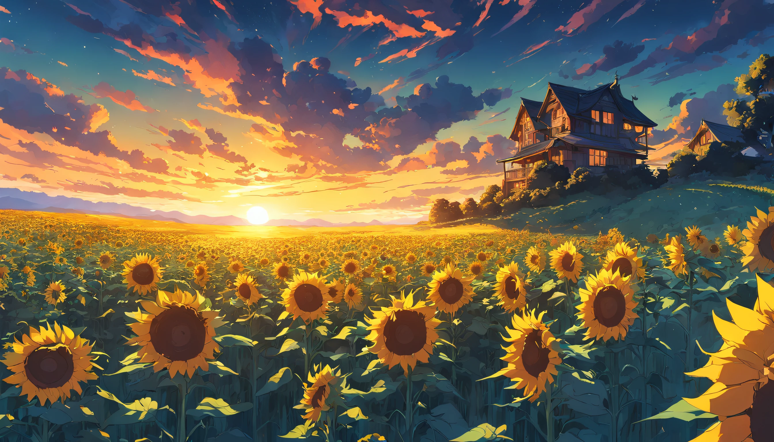 ((Midsummer Dusk)),sunflowers fields、twlight，Green Flash，landscapes，(Best Impact:1.5), (maximalism:1.7),Vivid contrast, (Realistic), hyperrealistic illustrations, hight resolution, ultra-detailliert, absurderes,(Fractal Art:1.3)，Retro、Precise focus、cinema4d、Drama