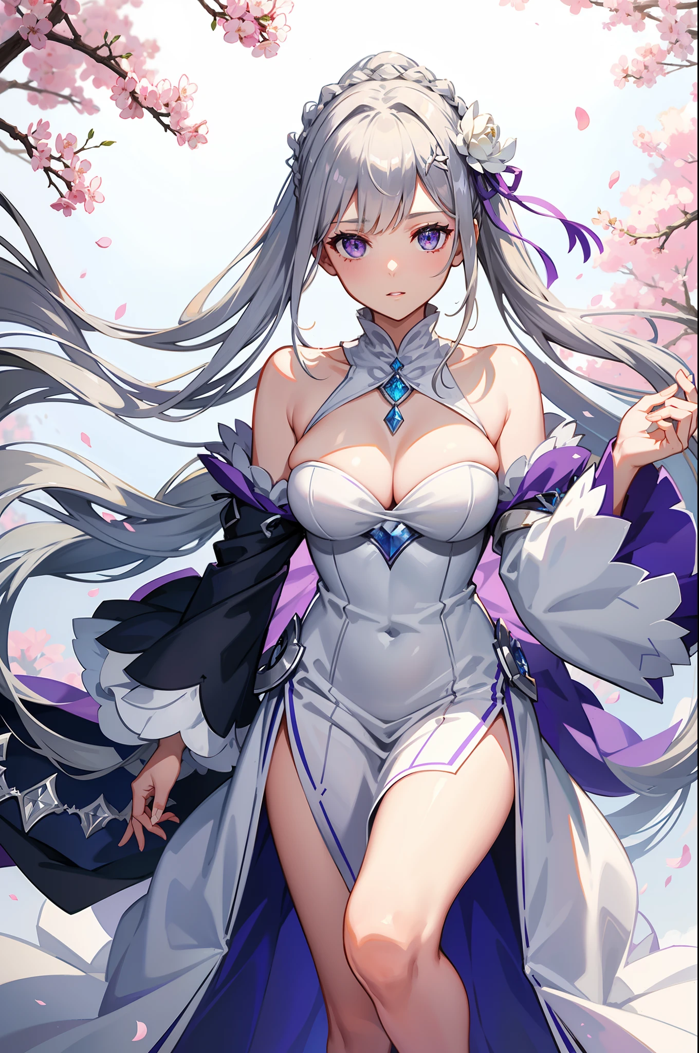 Emilia Re:Zero kara Hajimeru Isekai Seikatsu, gorgeous white and purple wedding dress, holding a bunch of flower, silk accesory, veil, grace hair style, best quality, flower flying, garden background, perfect body shape, 16k, small breast, holy and forzen aura, detailed skin, silver necklace, diamond ring, masterpieces, silver and light purple pupil