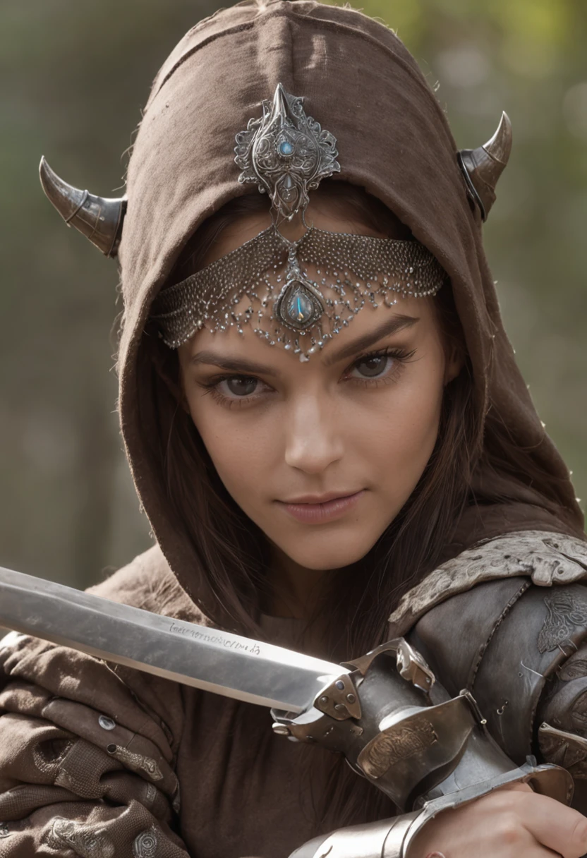 menina da pele marrom, corpo inteiro na imagem. Sua figura, peituda, Curvy, proper steering, orelhas de gato, rabo de gato, Cor do cabelo Magenta, olhos magenta escuros, Brown skin, with sword in hand, grande pano esfarrapado como capa enrolada na cintura, armadura peitoral, manopla, camisa preta de manga comprida sob a armadura, armadura peitoral, Capuz, Espada devidamente desenhada, magic sword, pano enrolado na cintura, Sword properly drawn in hand, orelhas de coelho, Pintura digital da cauda do gato, digital illustation, Detalhe extremo, arte digital, armadura do cavaleiro, Baggy Puffy Pants, metal boots, totalmente blindado. pano enrolado na cintura. Hold a sword with both hands.