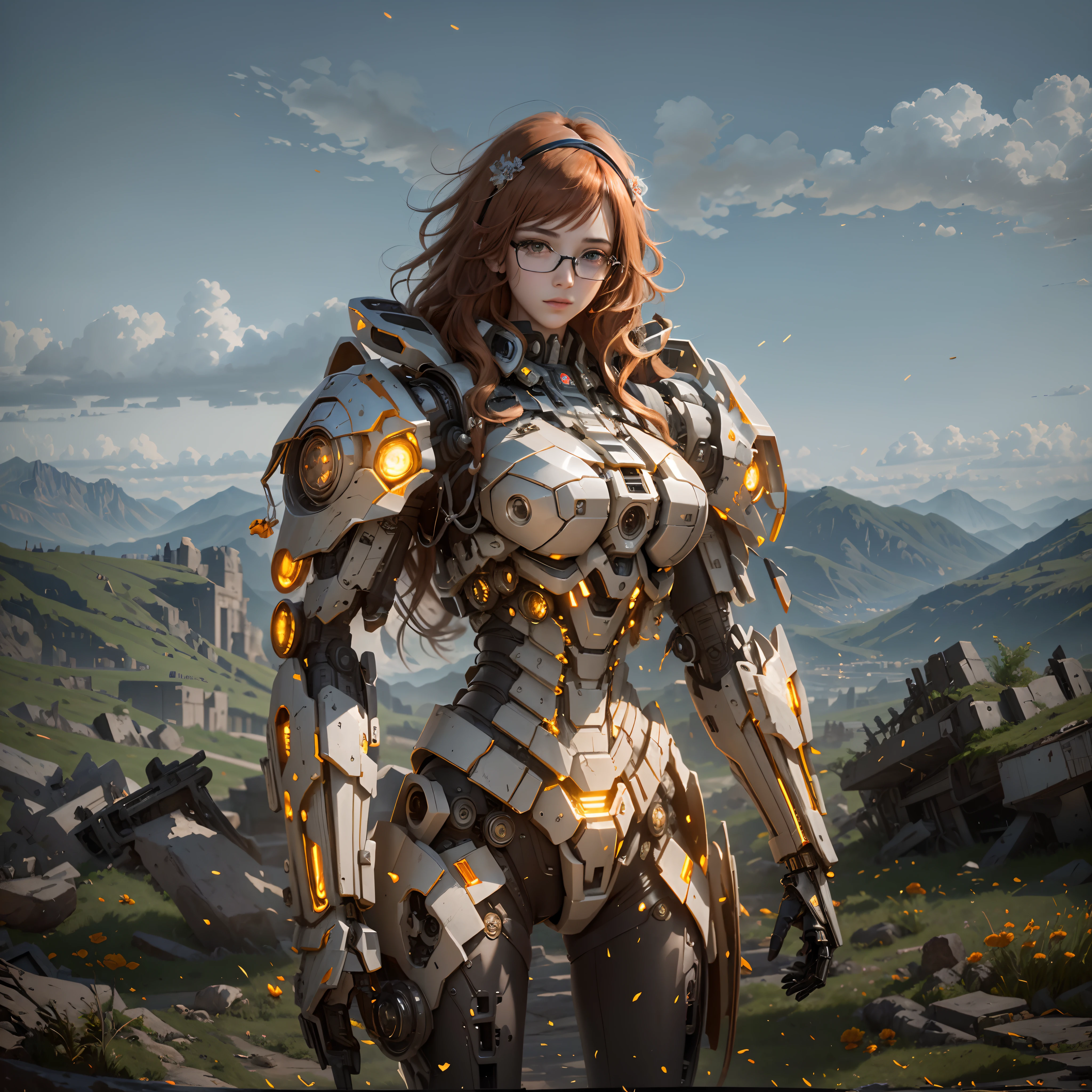 ((Best Quality)), ((Masterpiece)), (Very Detailed:1.3), 3D, Shitu-mecha, Beautiful cyberpunk woman with her pink mech in the ruins of a city in the forgotten war, Ancient technology, HDR (High Dynamic Range), ray tracing, NVIDIA RTX, super resolution, unreal 5, subsurface scattering, PBR texture, post-processing, anisotropic filtering, depth of field, maximum sharpness and sharpness, multi-layer texture, albedo and highlight maps, surface shading, Accurate simulation of light-material interactions, perfect proportions, octane rendering, duotone lighting, low ISO, white balance, rule of thirds, wide aperture, 8K RAW, efficient sub-pixels, subpixel convolution, luminescent particles, light scattering, Tyndall effect, wearing black glasses, right hand holding energy sword,long orange hair with red rose head band,