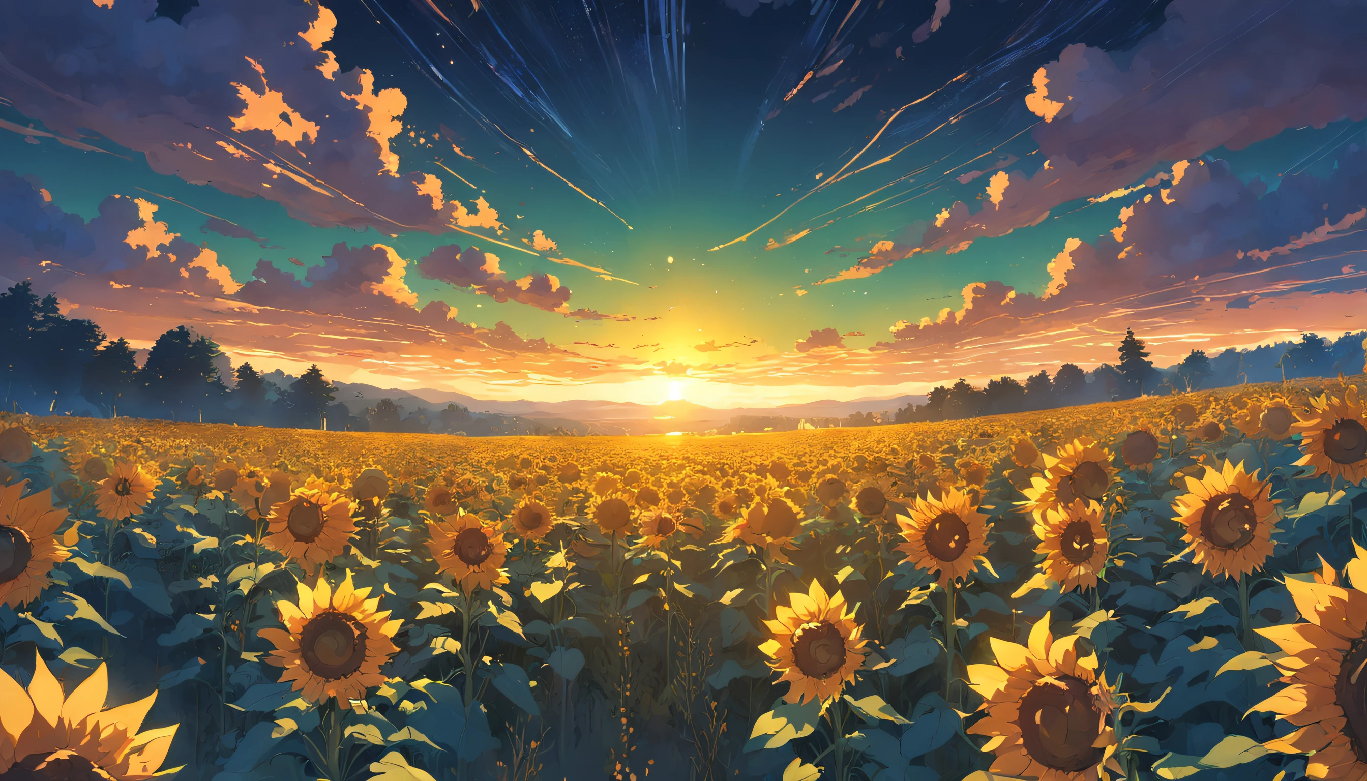 ((Midsummer Dusk)),sunflowers fields、twlight，Green Flash，landscapes，(Best Impact:1.5), (maximalism:1.7),Vivid contrast, (Realistic), hyperrealistic illustrations, hight resolution, ultra-detailliert, absurderes,(Fractal Art:1.3)，Retro、Precise focus、cinema4d、Drama