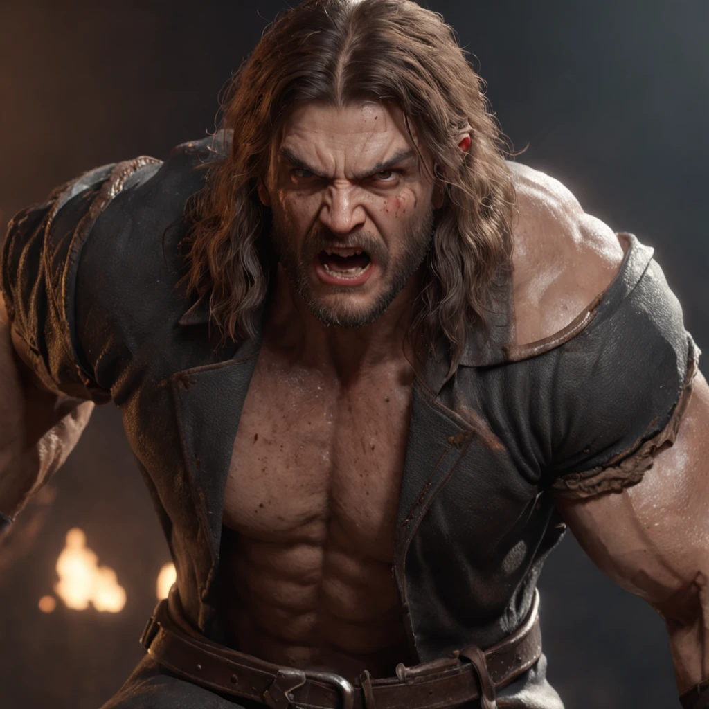 (professional 3d render:1.3) af (Realistic:1.3) most beautiful artwork photo in the world，Features soft and shiny male heroes, ((Epic hero fantasy muscle man rough wet hero angry look long hair short beard and ferocious expression in dynamic pose, Fantastic location, Majestic cluttered environment)), full body 8k unity render, action  shot, skin pore, very dark lighting, heavyshading, Detailed, Detailed face, (vibrant, photograph realistic, Realistic, Dramatic, Dark, Sharp focus, 8K), (Old leather garments damaged by weathering:1.4), ((((Wear fur)))), (Intricate:1.4), decadent, (Highly detailed:1.4), Digital painting, rendering by octane, art  stations, concept-art, smooth, Sharp focus, illustration, Art germ, (loish:0.23), wlop ilya kuvshinov, and greg rutkowski and alphonse mucha gracias, (Global illumination, Studio light, volumettic light), heavy rain, particles floating, lotr, fantasy, elf, full bodyesbian, ((Dark and ancient city background:1.3)),CGSesociety,art  stations