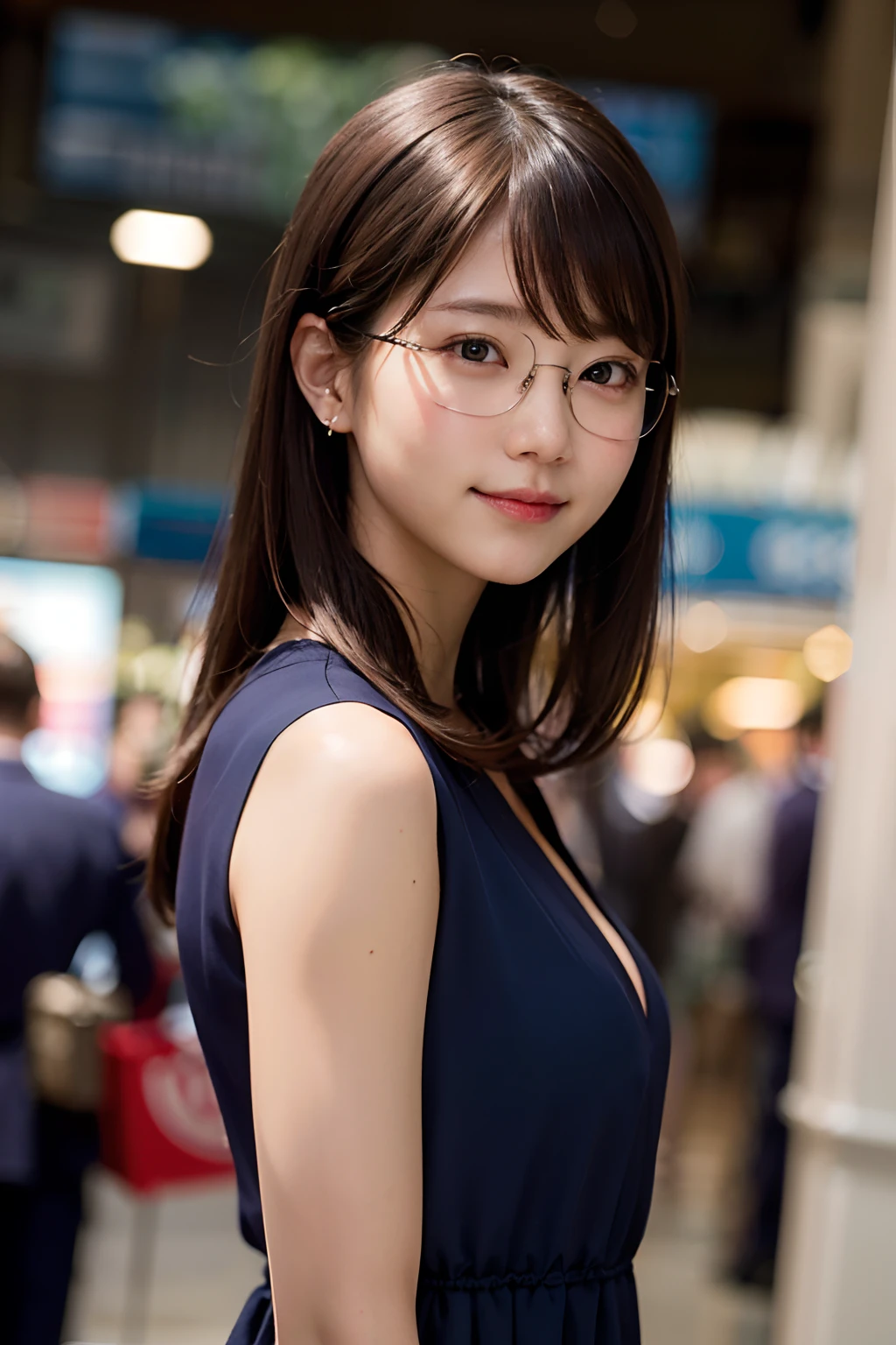 (8K、Raw photography、top-quality、masterpiece:1.2)、(realisitic、Photorealsitic:1.37)、ultra-detailliert、超A high resolution、女の子1人、see the beholder、beautifull detailed face、A smile、Constriction、(Slim waist) :1.3)、Sky blue dress、Beautiful detailed skin、Skin Texture、Floating hair、Professional Lighting、Waiting for the train、Rimmed glasses、Whole human body、Brown hair