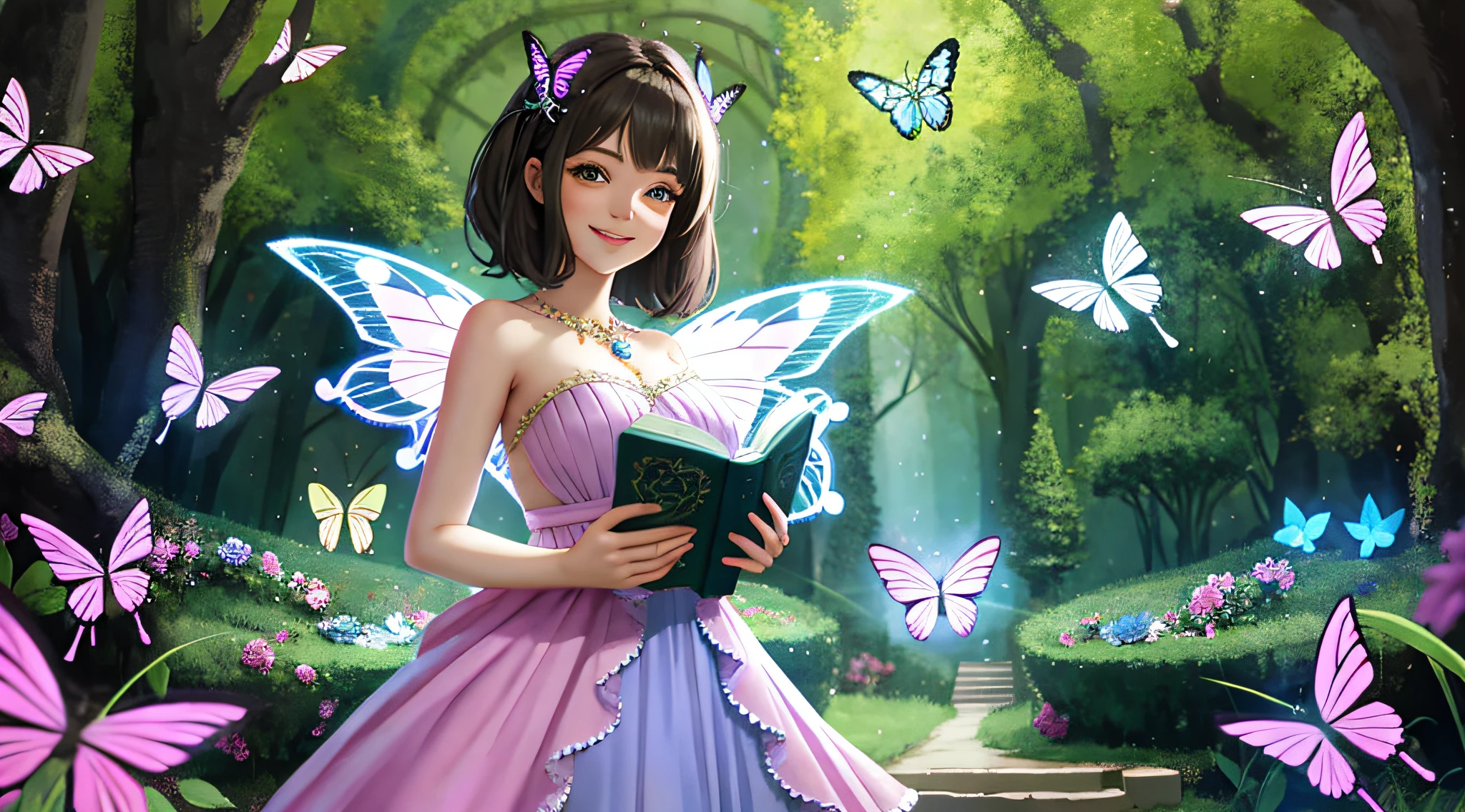 Beautiful toddler girl smiling in a dress in an enchanting garden setting with fairies and butterflies holding a book facing a magical portal, Cyberpunk style, Disney style, high quality, 4k