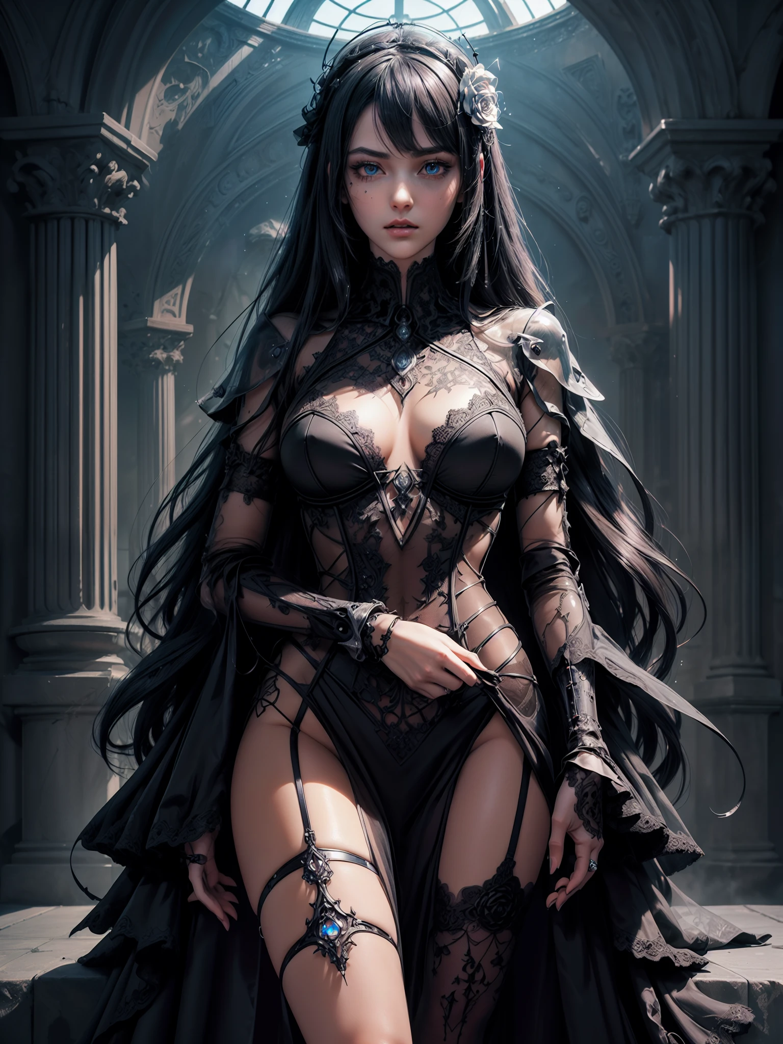 [Detailed illustrations, art based on extremely ideal anatomy, Very detailed and detailed drawing, slow and delicate lines, realistic texture expression],((Color tressed main line)),(Artwork with outstanding craftsmanship),(Ruins background),MACHINEAlice HENTAI ANIME Beauty (Tall (Tall))  Smooth straight hair (long transparent hair) automaton,Black Dress Black Rose ((Lace pattern) (thorn)) (Alien Armor Chain (Transparent material)) (Cybernetic Gothic Lolita (Titanium Alloy)),(((Bondage:0.4)))),((Fine and beautiful skin expression (Transparency))),((Clear gaze)),((Perfect eye details (nicely drawn eyes)))),(Beautiful perfect face ( Realistic facial details)),((Beautiful hair details)),(perfectly proportions)),(Design built to a high level,(((Advanced structural understanding of materials)),Ideal color coordination),((artistic décor))) ((Dense details)),(detail,High definition)),[(ultra-precise detail),(((Many-Layer Textures)), high high quality,high resolution],((Accurate simulation of light-material interaction, Understanding Airflow, mechanically correct representation)),(((Visual art with a sense of narrative)).