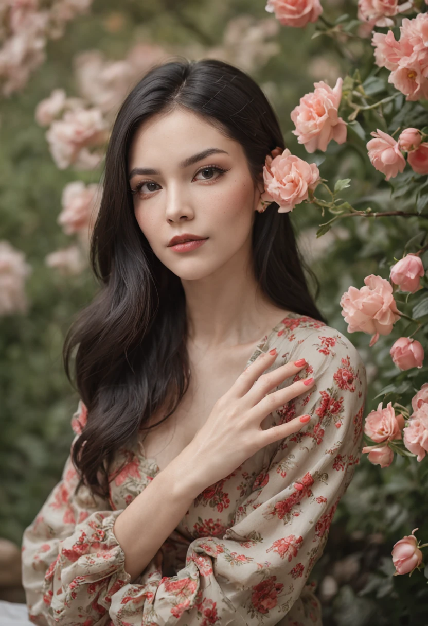 Create a painting of a woman in a floral setting. The woman should be splendid with black hair, detailed skin texture and sitting with one hand in his hair. The colors must be as balanced to evoke happiness. Style must be realistic