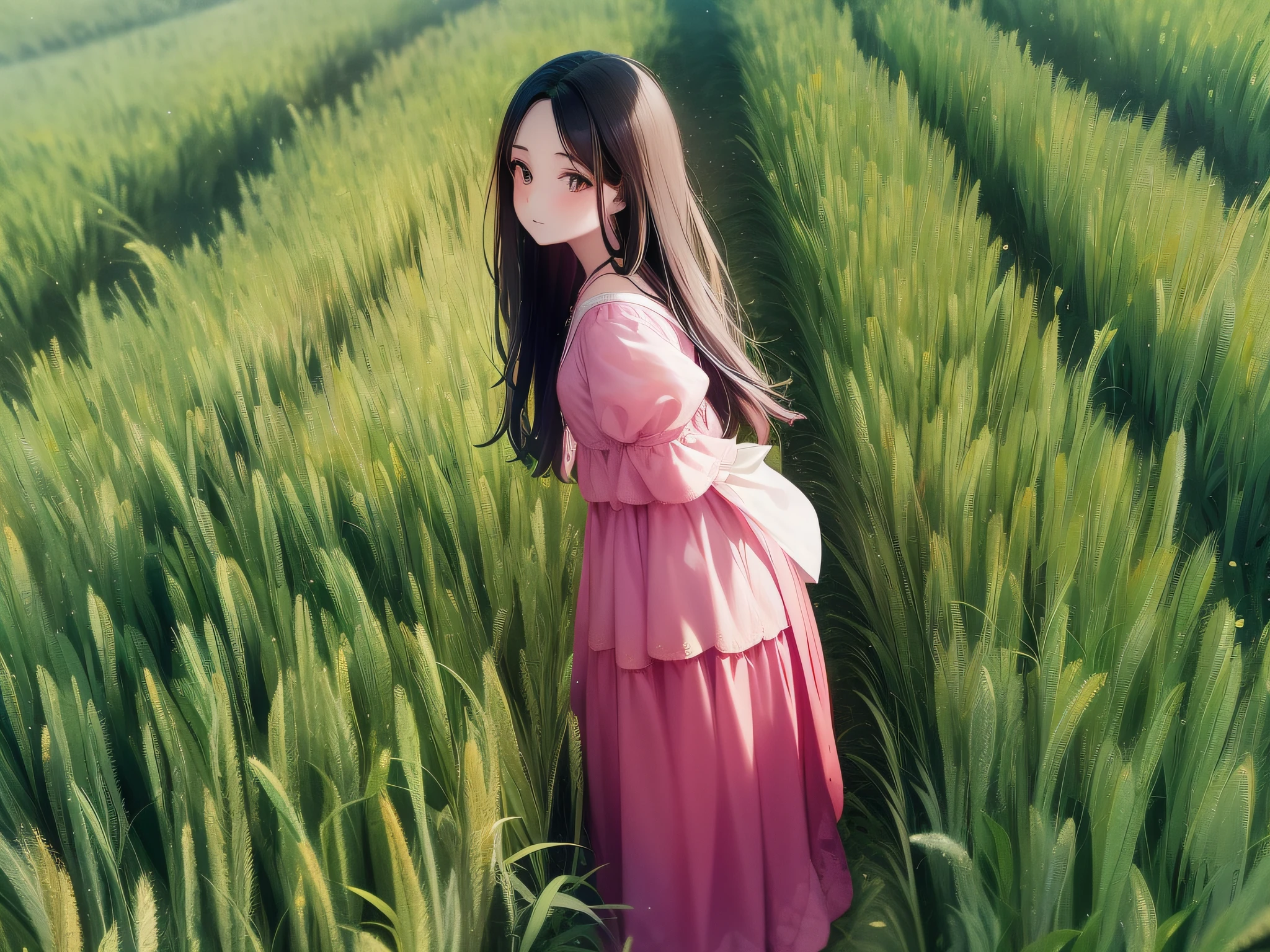 Aalfid woman in pink dress standing in a wheat field, girl walking in wheat field, in a field, in a wheat field, posing on wheat field, standing in a field, in a open green field, walking in the wheat field, In the middle of a field, in field high resolution, girl standing in flower field