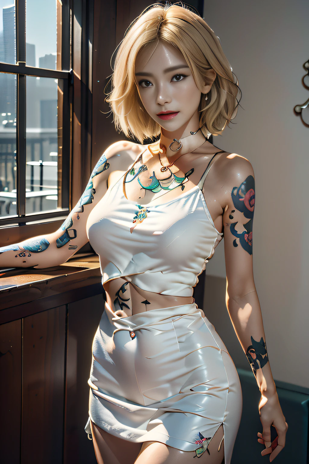 (Hyper-realistic), (illustratio), (A high resolution), (8K), (extremely higly detailed), (Most Best Illustration), (美丽细致的眼睛), (best qualtiy), (ultra - detailed), (tmasterpiece), ( wallpaper), (详细的脸), 独奏,(dynamicposes),1girl,white dresses,cropped shoulders,mountain ranges,with short golden hair,Broken hair,choker necklace,fang,Tattooed with,Tattooed with,Tattooed with,Tattooed with