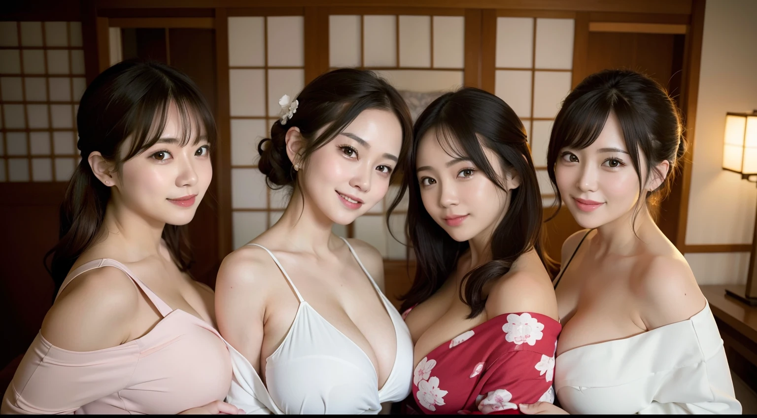 3Girls in kimonos in the bedroom of the Ryokan, group shot, breasts-to-breasts, large breasts, 
teen, cute, off-shoulder, cleavage, short hem, embarrassed smile, Gorgeous Kanzashi, 
absurd-resolution, ultra-detailed, best quality, absurd-detailed background,