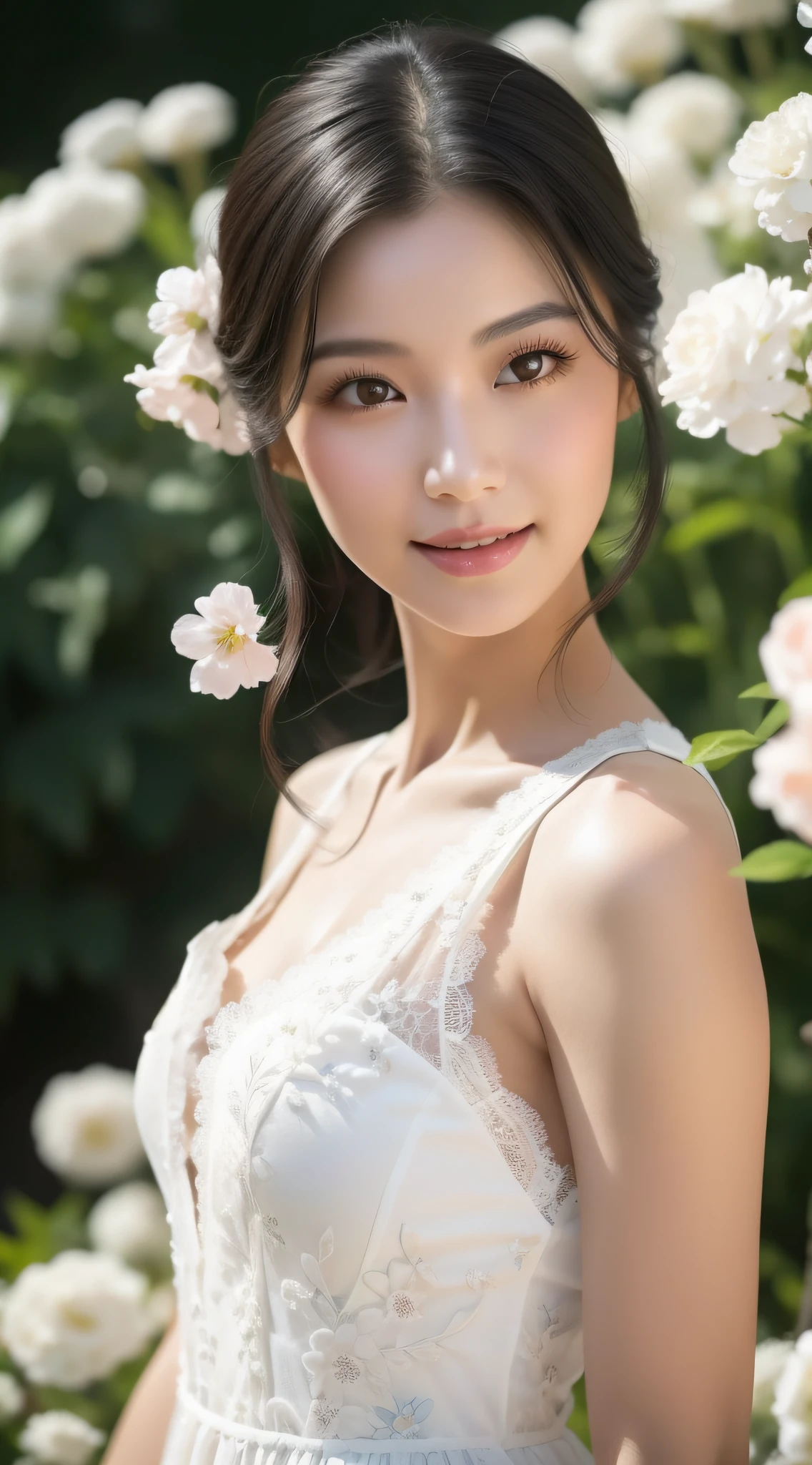 Garden background,A hundred flowers compete for spring,A Chinese girl with beautiful long black hair,Perfect facial features,Sweet smiling,Beautiful big watery eyes,Double eyelids and long eyelashes,Redlip,Perfect lip shape,Perfect eyebrow shape,White skin of the,Delicate collarbones,Wearing a white dress with a lace-trimmed embroidery with delicate embroidery,facing to audience,Pure lust,plumw,perfect bodies,detail-rich,8k,Works of masters,