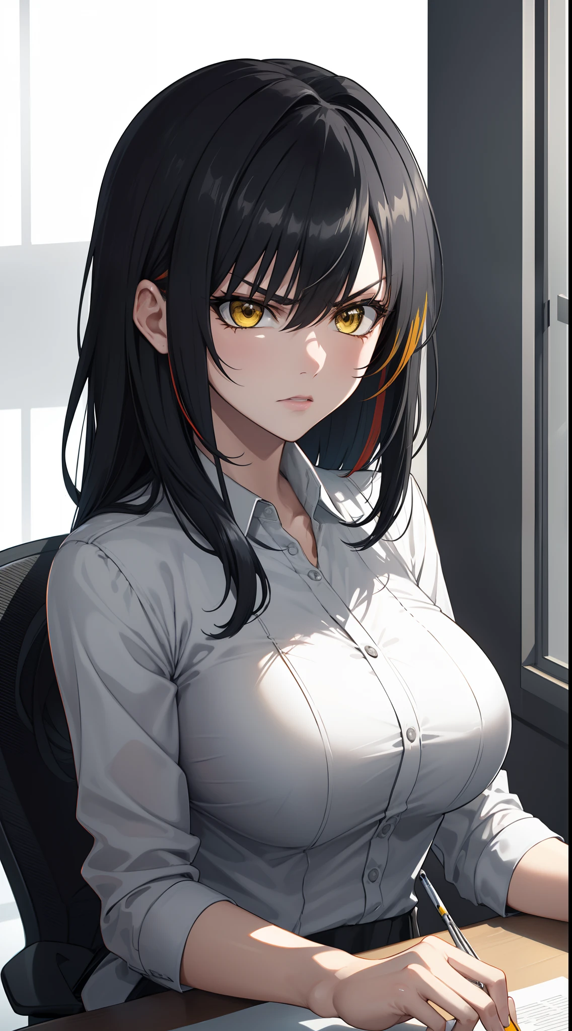 professional artwork, Intricate Details, field of view, sharp focus, detailed painting, photorealistic lighting, trending on pixiv,(masterpiece:1.0),(best_quality:1.0), ultra high res, ultra-detailed, photography, 8K, HDR, highres, absurdres:1.2, Kodak portra 400, film grain, sharp focus, bokeh:1.2, lens flare, (vibrant_color:1.2), (((indoors, office details))), Annerose, 1girl, female mature, black hair, long hair, (yellow eyes), large breasts, white office suit, higheels, soft skin, hair intakes, (solo:1.4), (upper body, half body shot, covered breasts), angry, angry face
