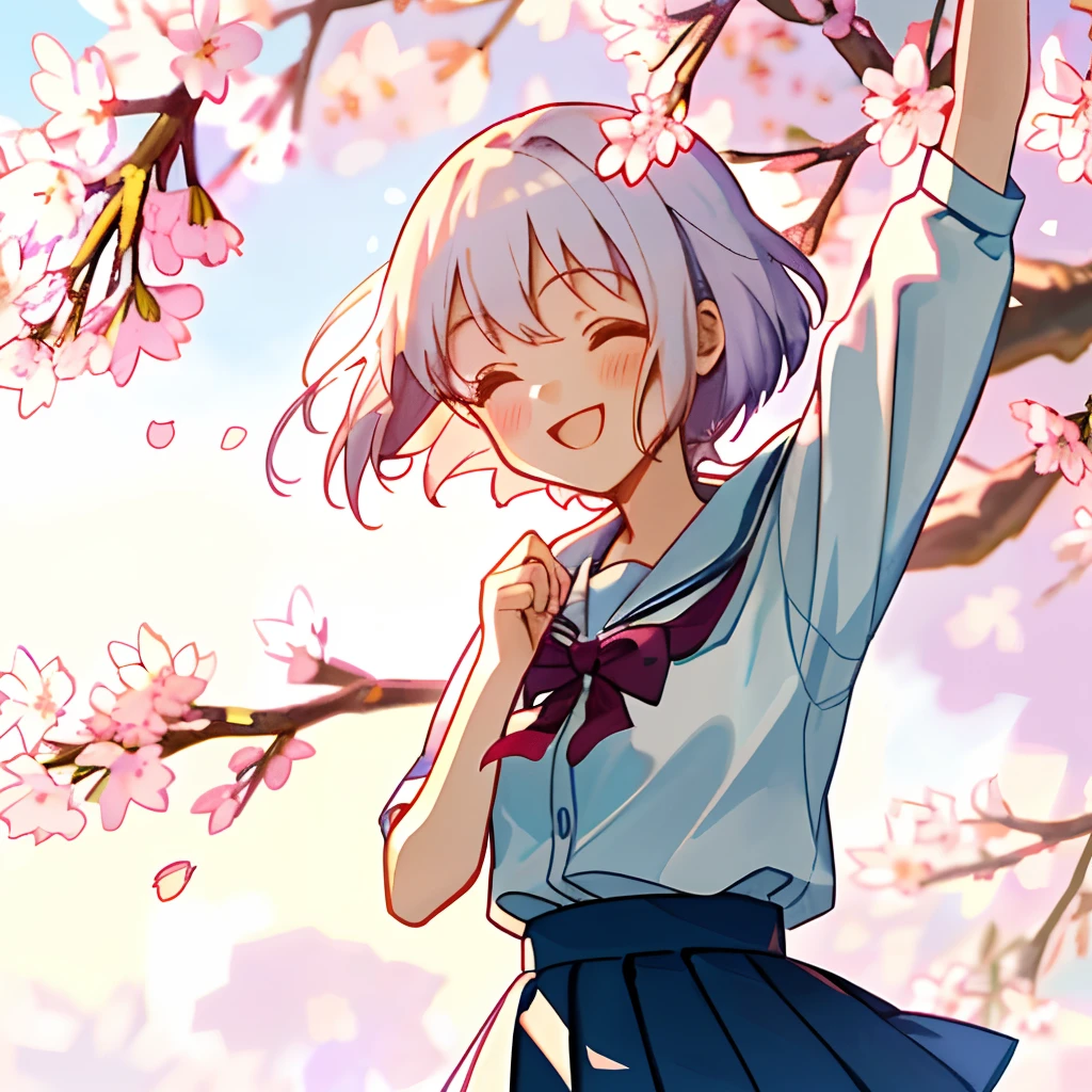 「With high-quality illustrations、Drawing a smiling girl on cherry blossom background。She has a short hairstyle、Wearing a high school girl uniform。In the background, Cherry blossoms in full bloom swaying in the wind、Feel the warm air of spring。From her facial expressions and poses、Try to express the feeling of first love and the image that excites you in love..。Hair color is white
