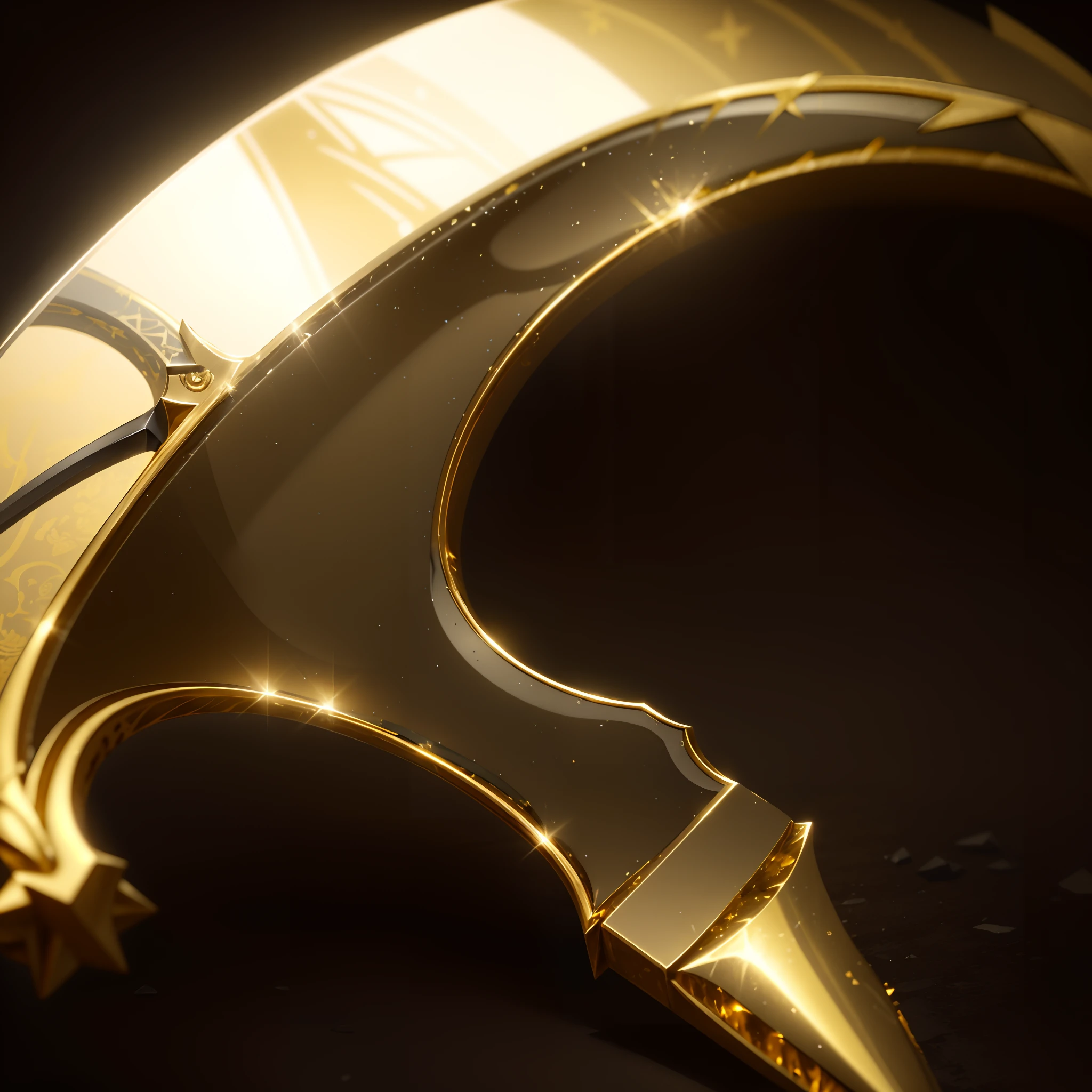 The black surface has a pointed golden sickle,Sharp gold scythe, Long, sharp golden beak, gilded with gold, golden art nouveau scythe blade, gold sword, golden pommel, made of polished broze, brass beak, Golden sword, Gold metal, Rocky Corner, designed in blender, rendered in keyshot, sickle, The sword, high angle close up shot