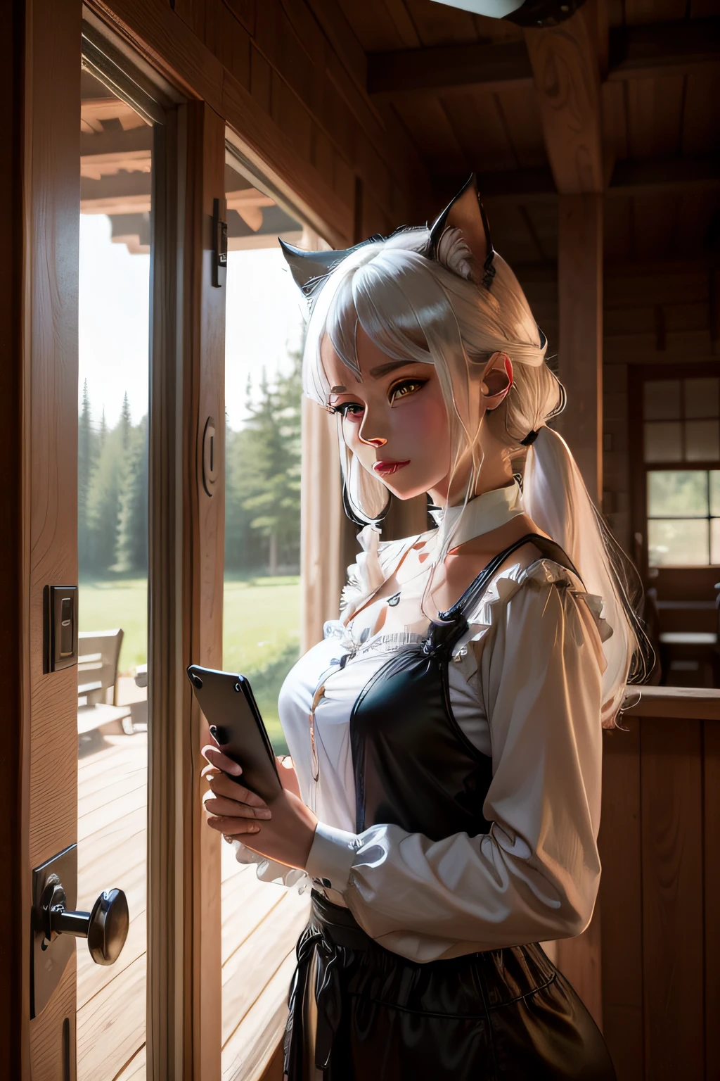 A hyper-realistic、ultra-detailliert、top-quality、hight resolution、Goddess of Japan sitting in a dusty ruin、Viewing and interacting with the tablet、A big gun is placed、voluminous gray long hair,、Large goggles with antenna on forehead、Wearing a necklace with a dog tag from neck to chest