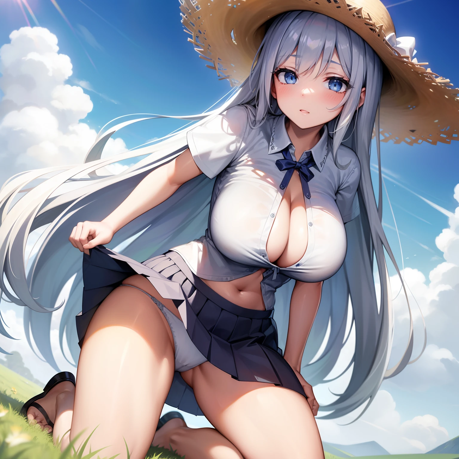 Detailed face, Long eyelashes, Detailed eyes,，(Long straight hair: 1.3), (Light blue eyes: 1.3),largeeyes (Silver hair: 1.2),Slim, and huge hips，Bigchest，huge tit，The chest is a 36D cup，From the angle from below, grassy fields，rays of sunshine，shyexpression，Squinted eyes，There is love in the eyes，Put your hands behind your back，Kneel on the grass，Pleasant，Wear a short shirt，Short pleated skirt，Wearing a straw hat，The reveal panties，Close-up of panties and chest