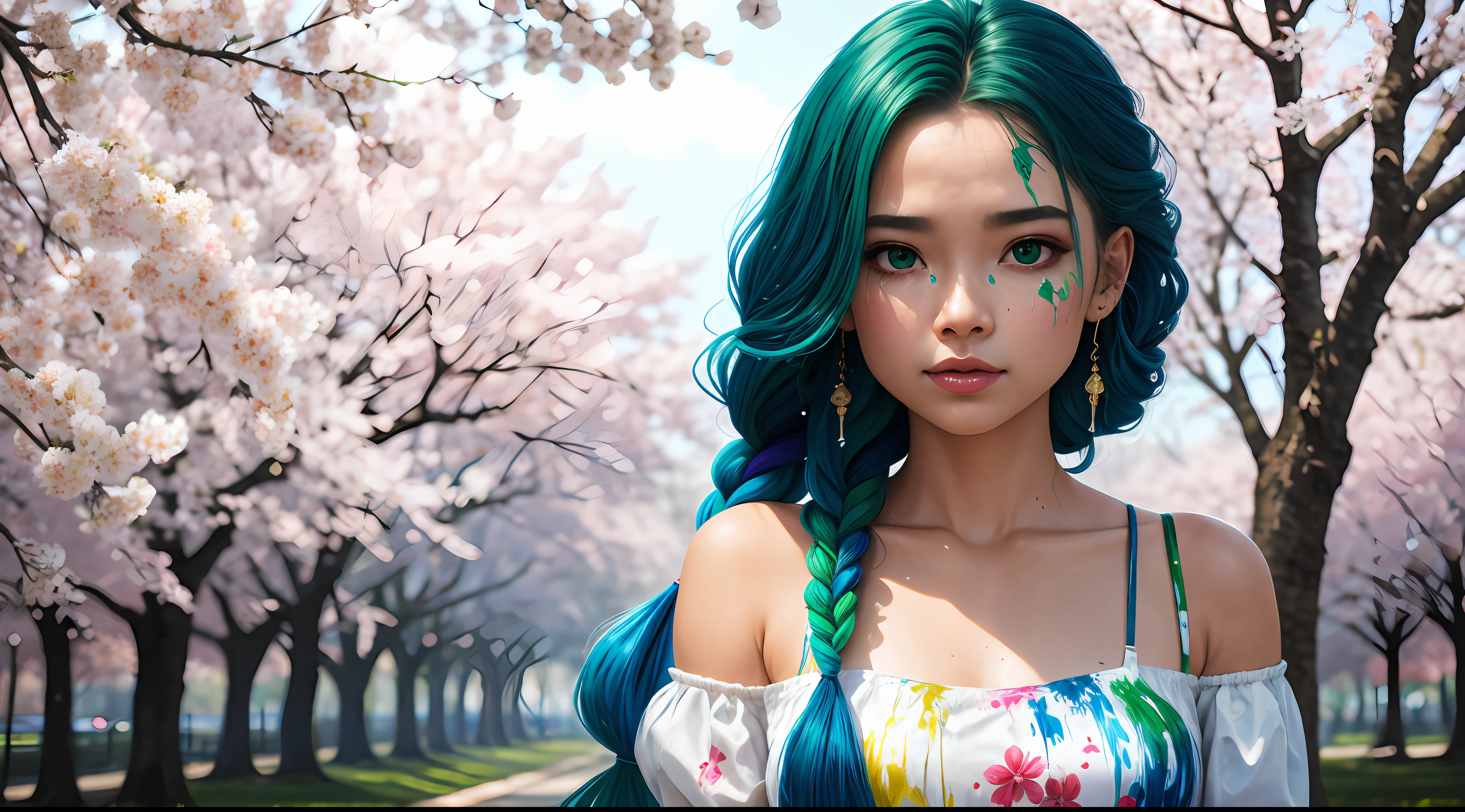 shukezouma, octane render, hdr, (hyperdetailed:1.15), (soft light, sharp:1.2), 1girl, beautiful girl, ultra detailed green eyes, mature, plump, thick, painting drops, paint teardrops, woman made up from paint, entirely paint, splat, splash, long braided hair ,colored hair, clothing made from paint, ultra detailed texture clothing, paint clothing, paint bulb, paint drops, outdoors, exposed shoulders, sakura trees, tears,shoulders visible,